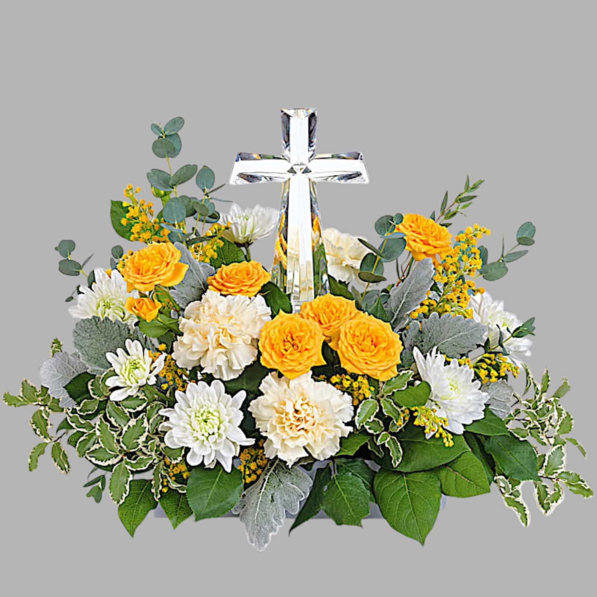 Encircling a beautiful crystal cross keepsake, this sunny bouquet of roses and, photo 4 of 4