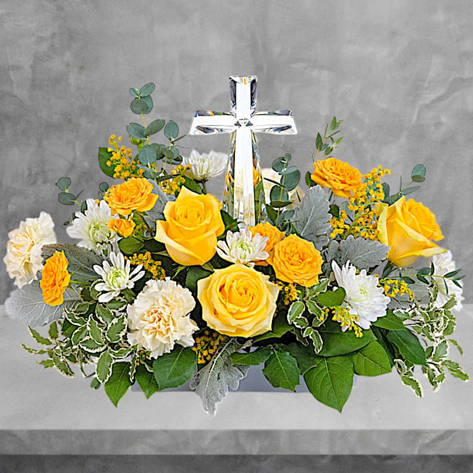 Encircling a beautiful crystal cross keepsake, this sunny bouquet of roses and, photo 2 of 4
