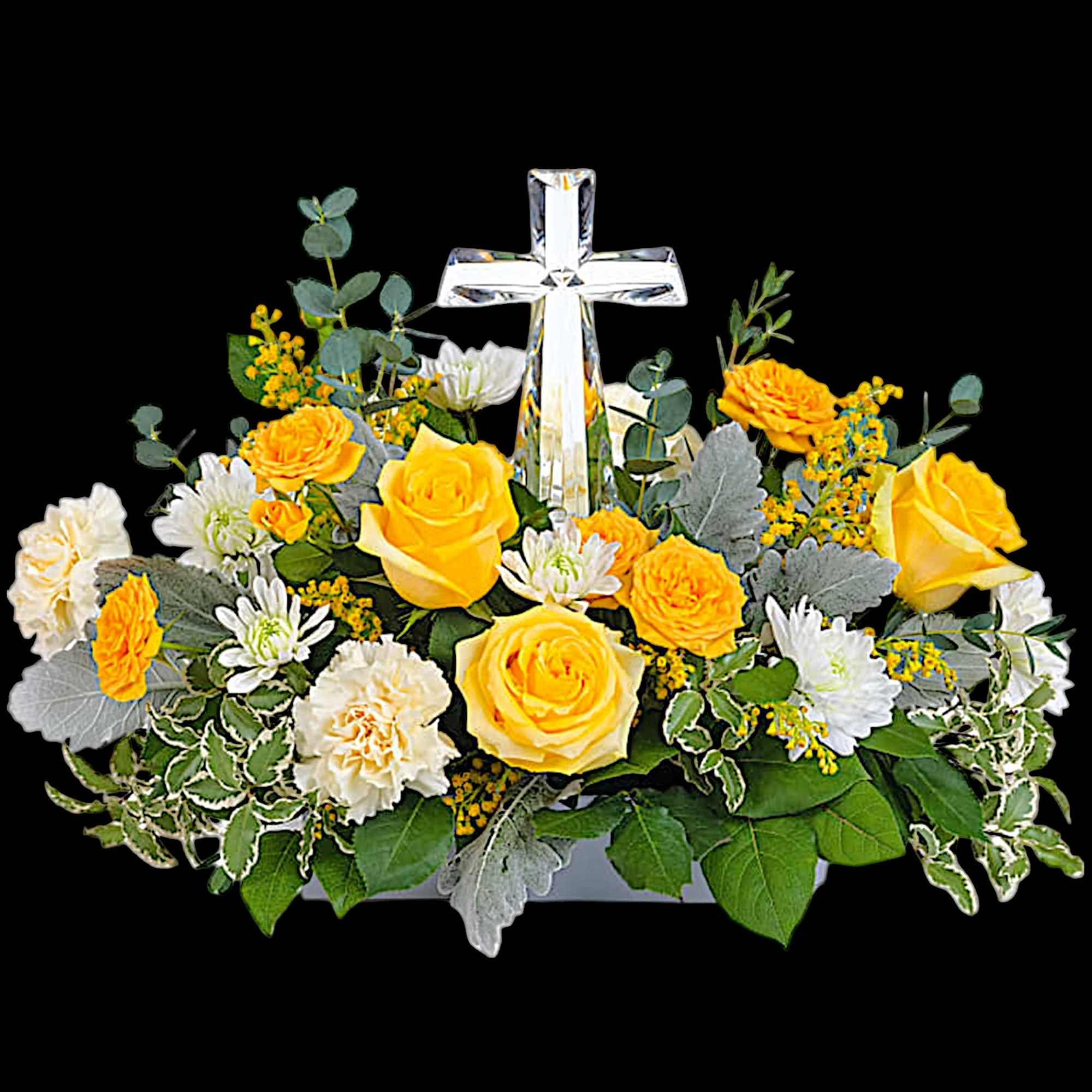 Encircling a beautiful crystal cross keepsake, this sunny bouquet of roses and, photo 3 of 4
