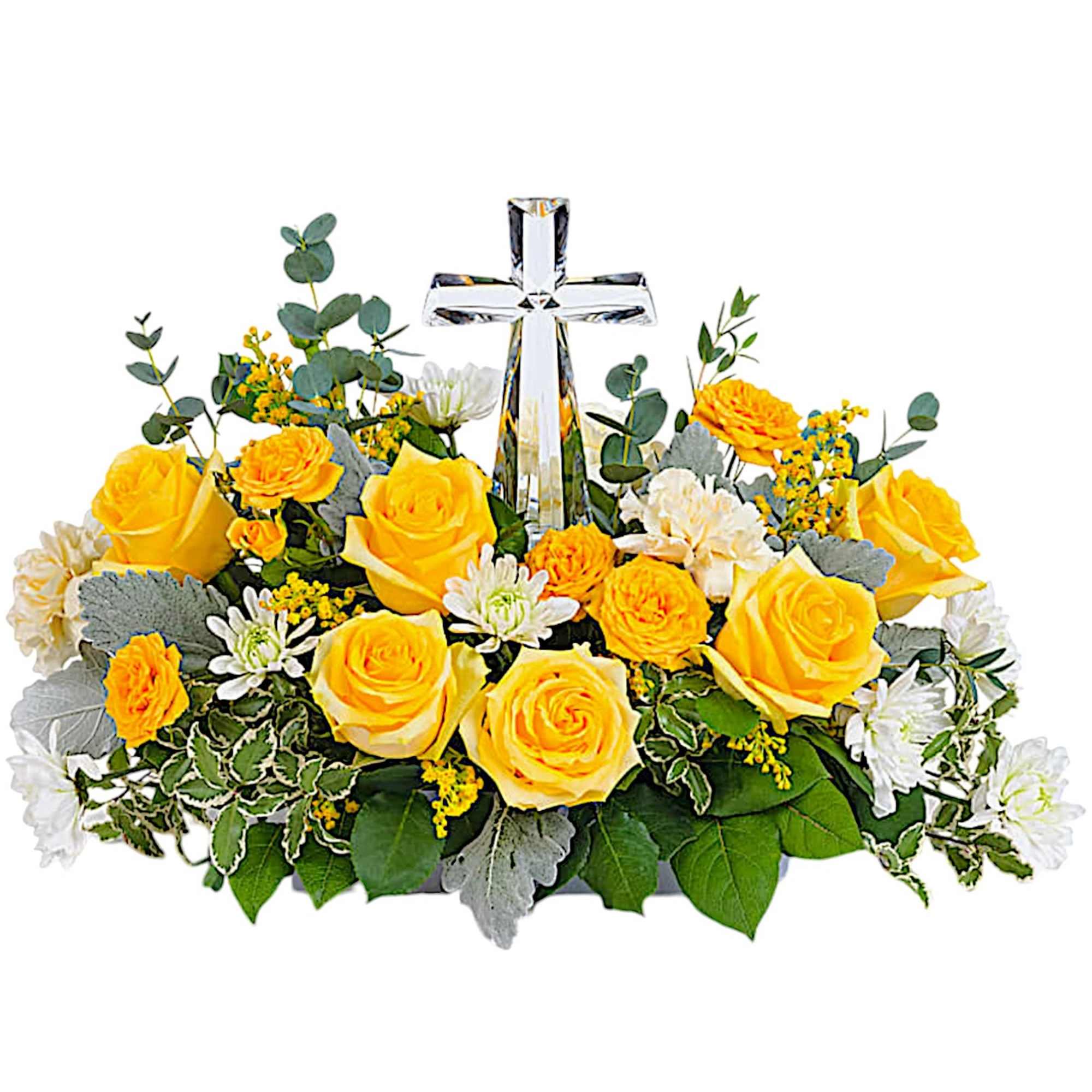Encircling a beautiful crystal cross keepsake, this sunny bouquet of roses and