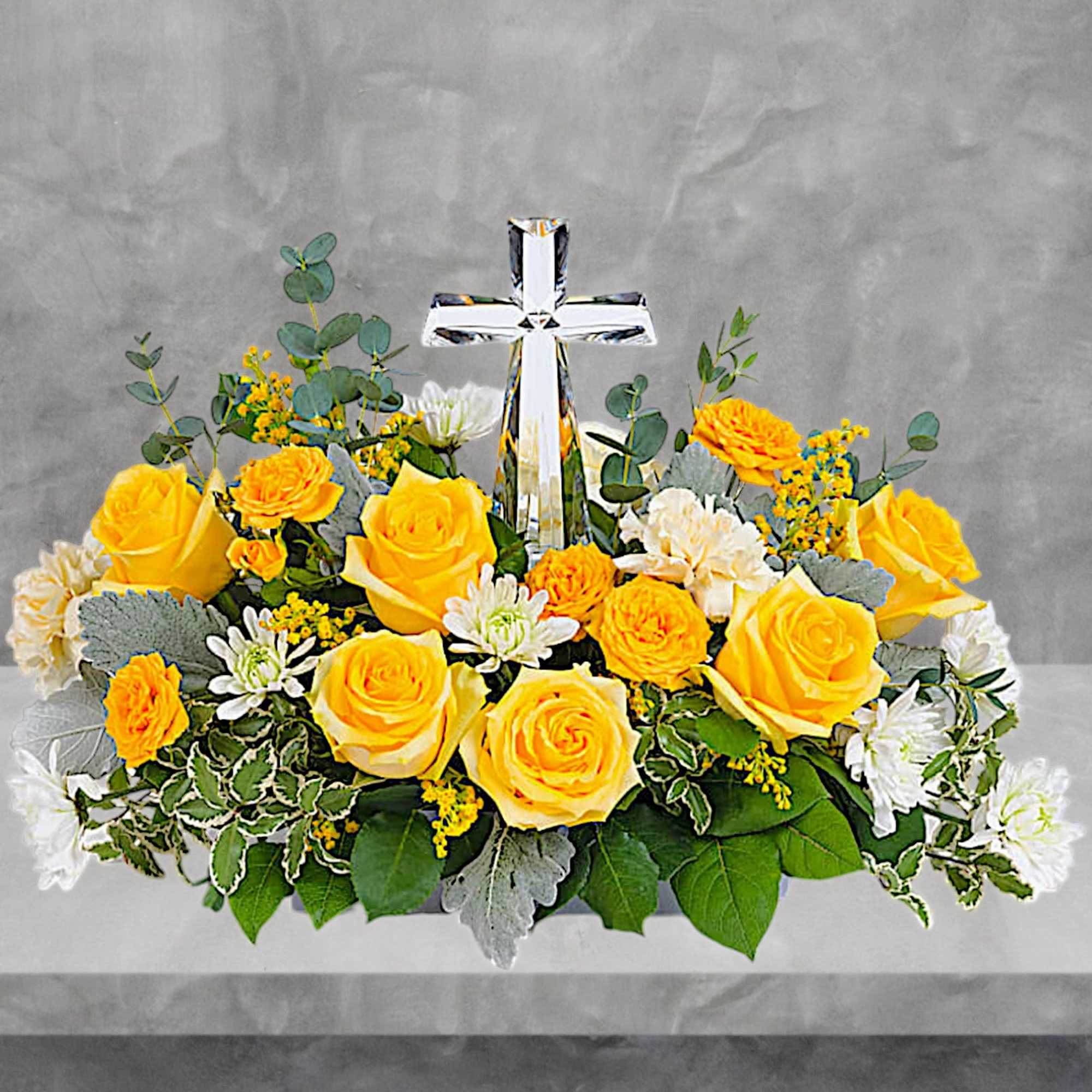 Encircling a beautiful crystal cross keepsake, this sunny bouquet of roses and, photo 2 of 4