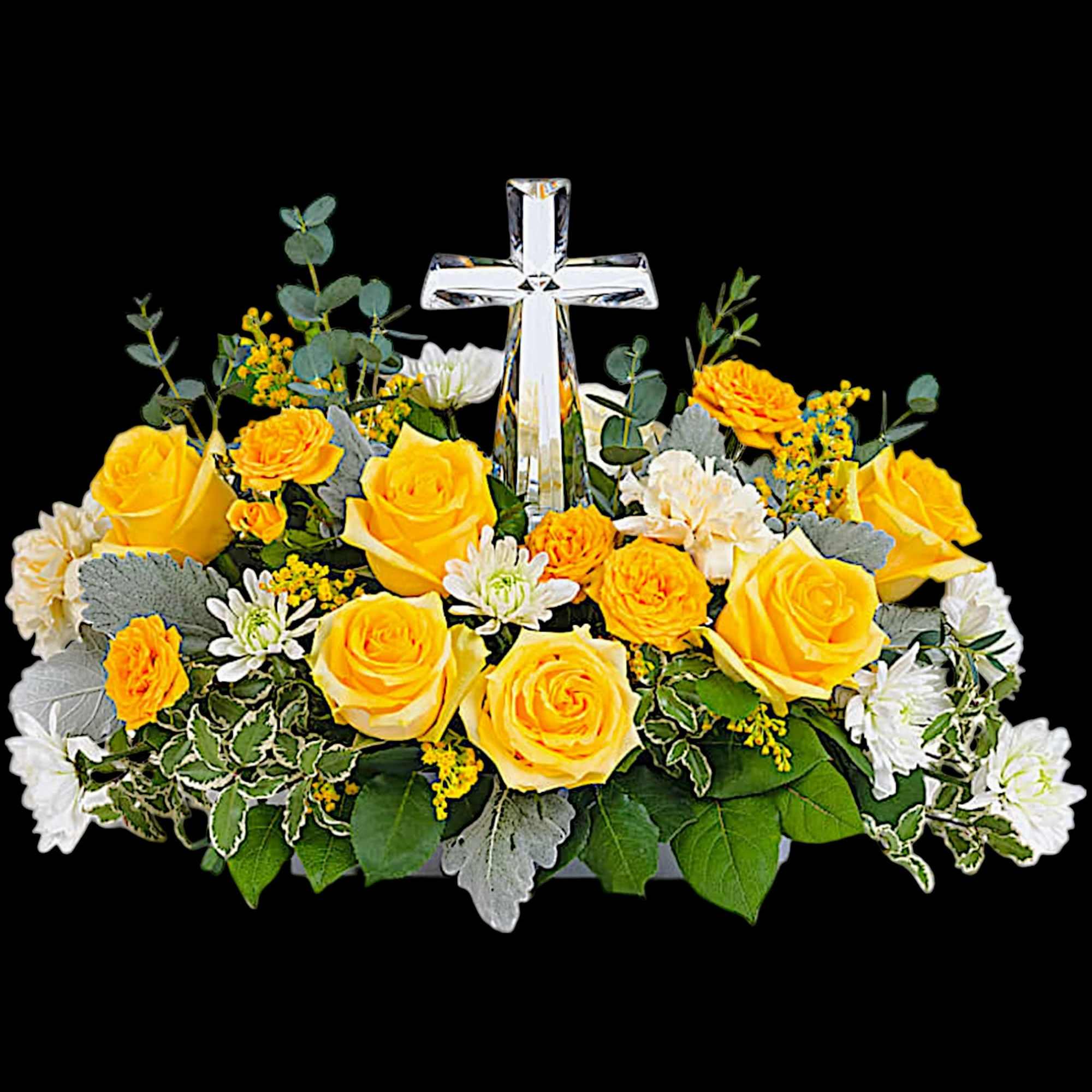 Encircling a beautiful crystal cross keepsake, this sunny bouquet of roses and, photo 3 of 4