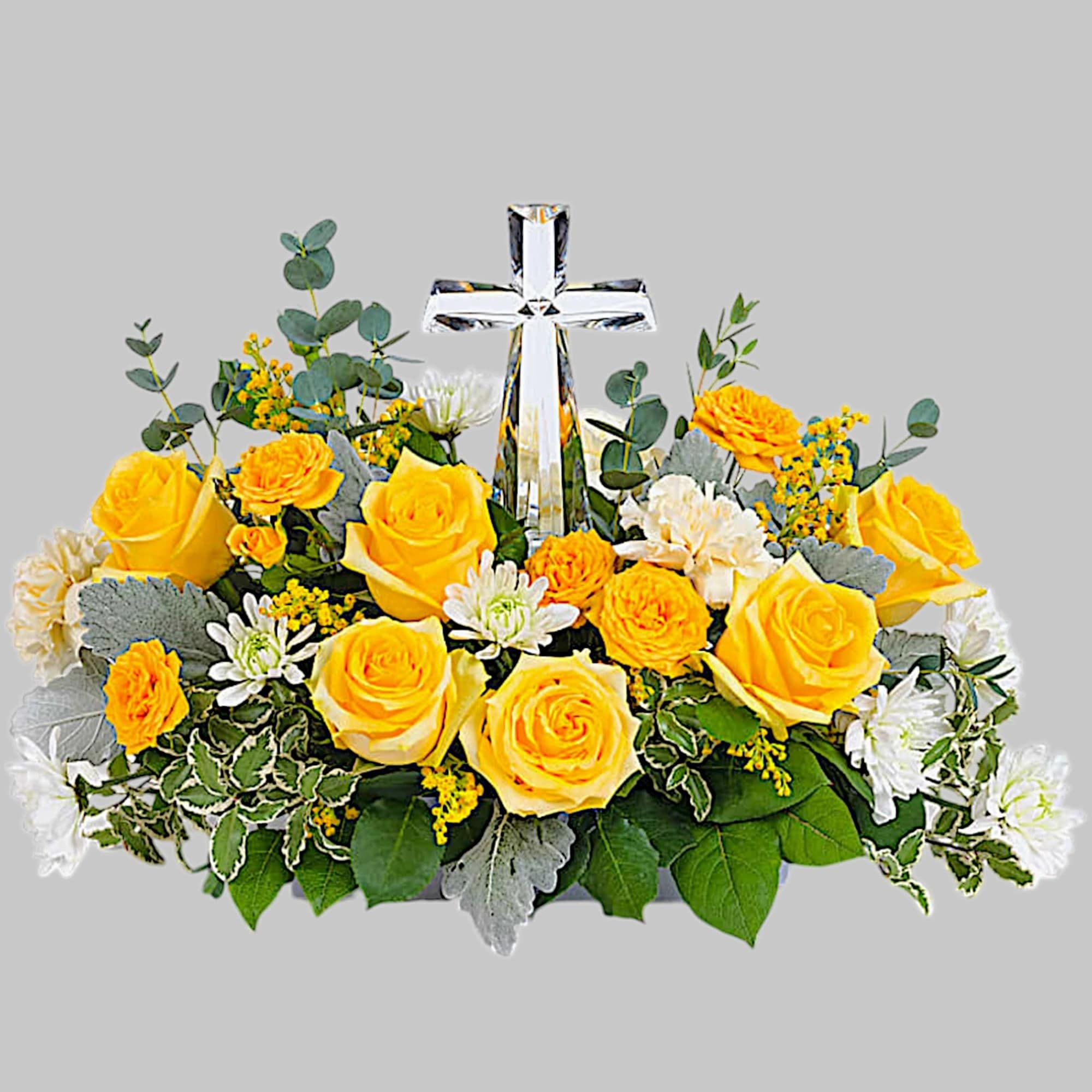 Encircling a beautiful crystal cross keepsake, this sunny bouquet of roses and, photo 4 of 4