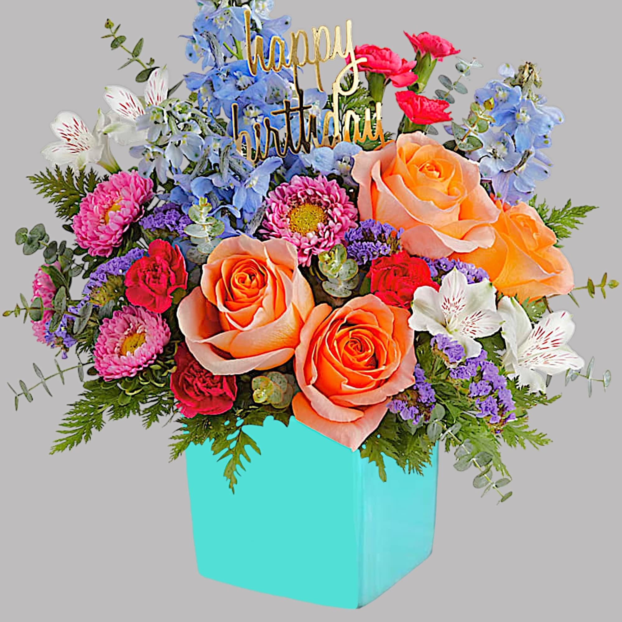 Colorful bouquet in a turquoise box with a happy birthday topper