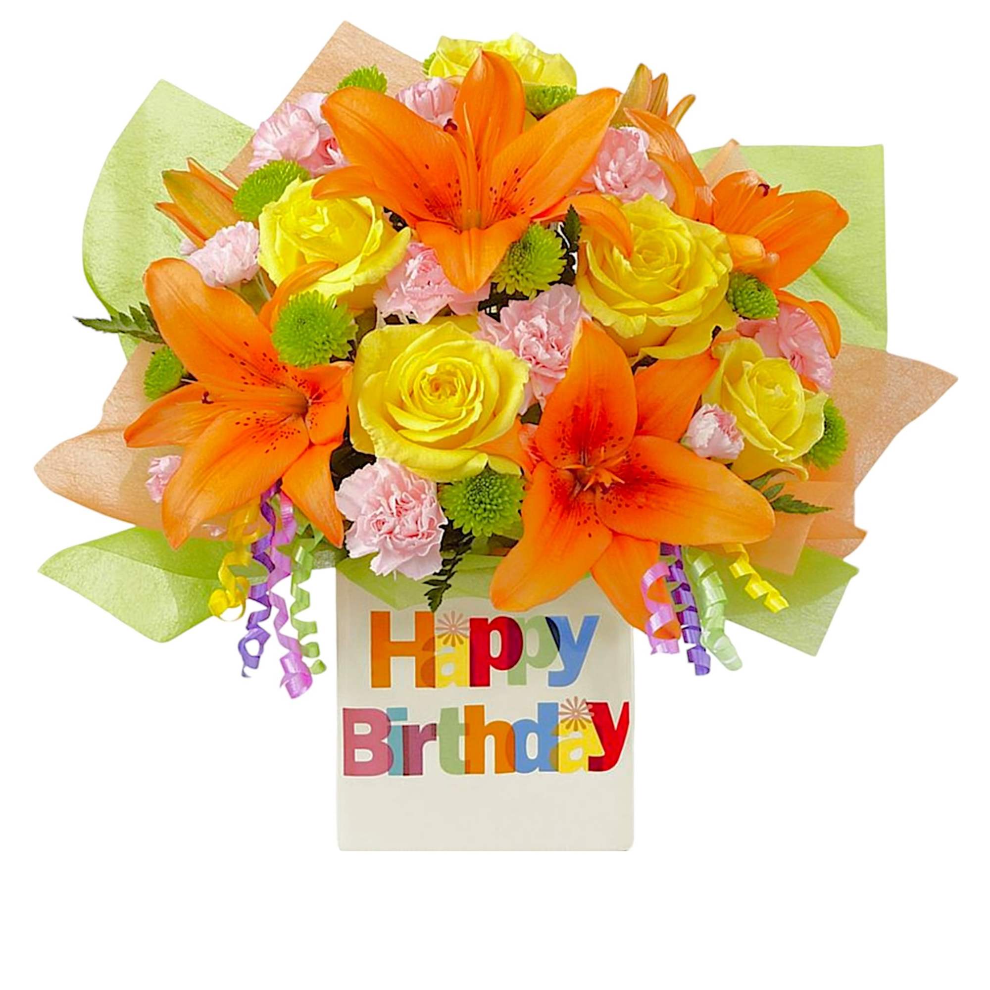 The Birthday Celebration arrangement brings together roses and Asiatic Lilies to create