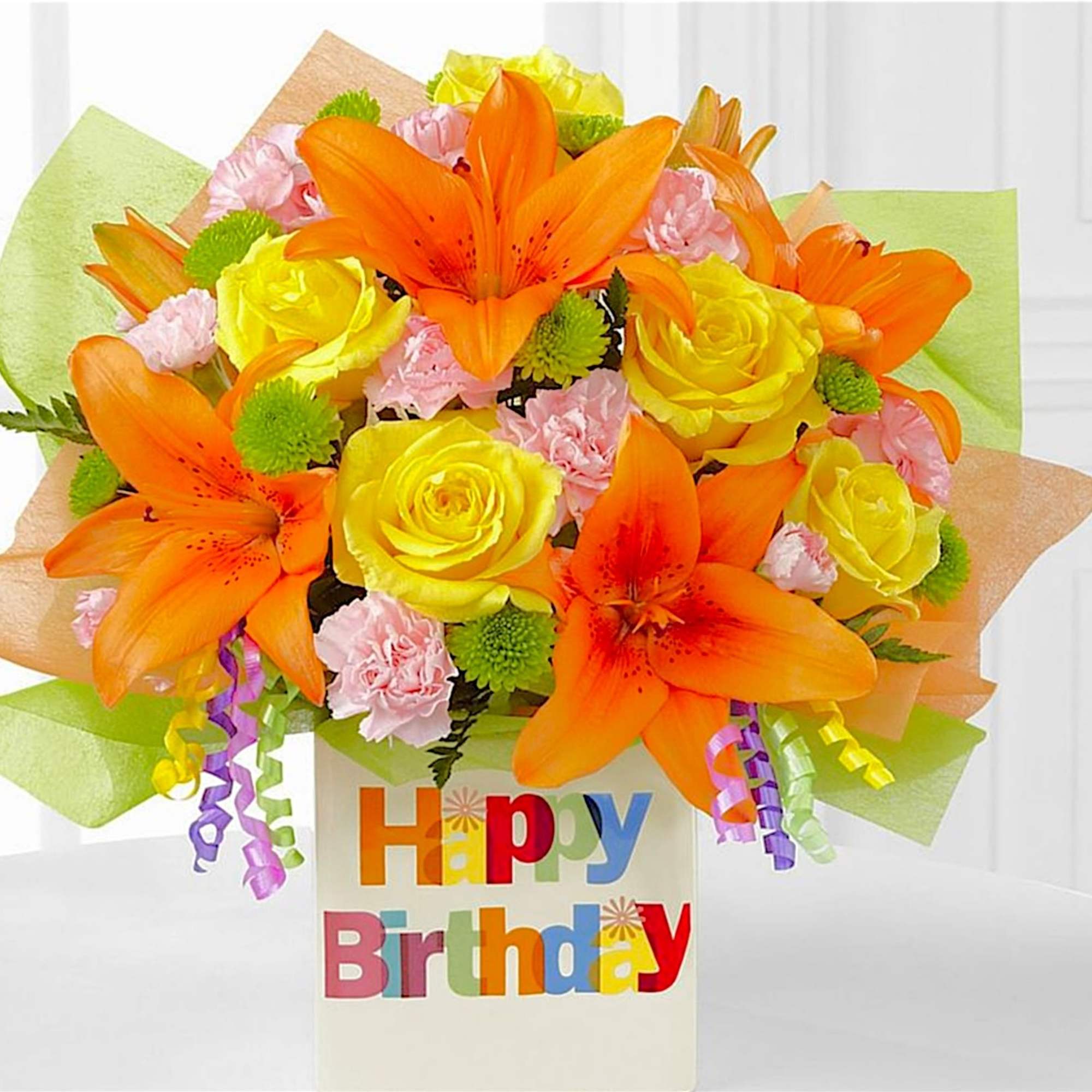 Orange lilies and yellow roses in a birthday vase, photo 2 of 5
