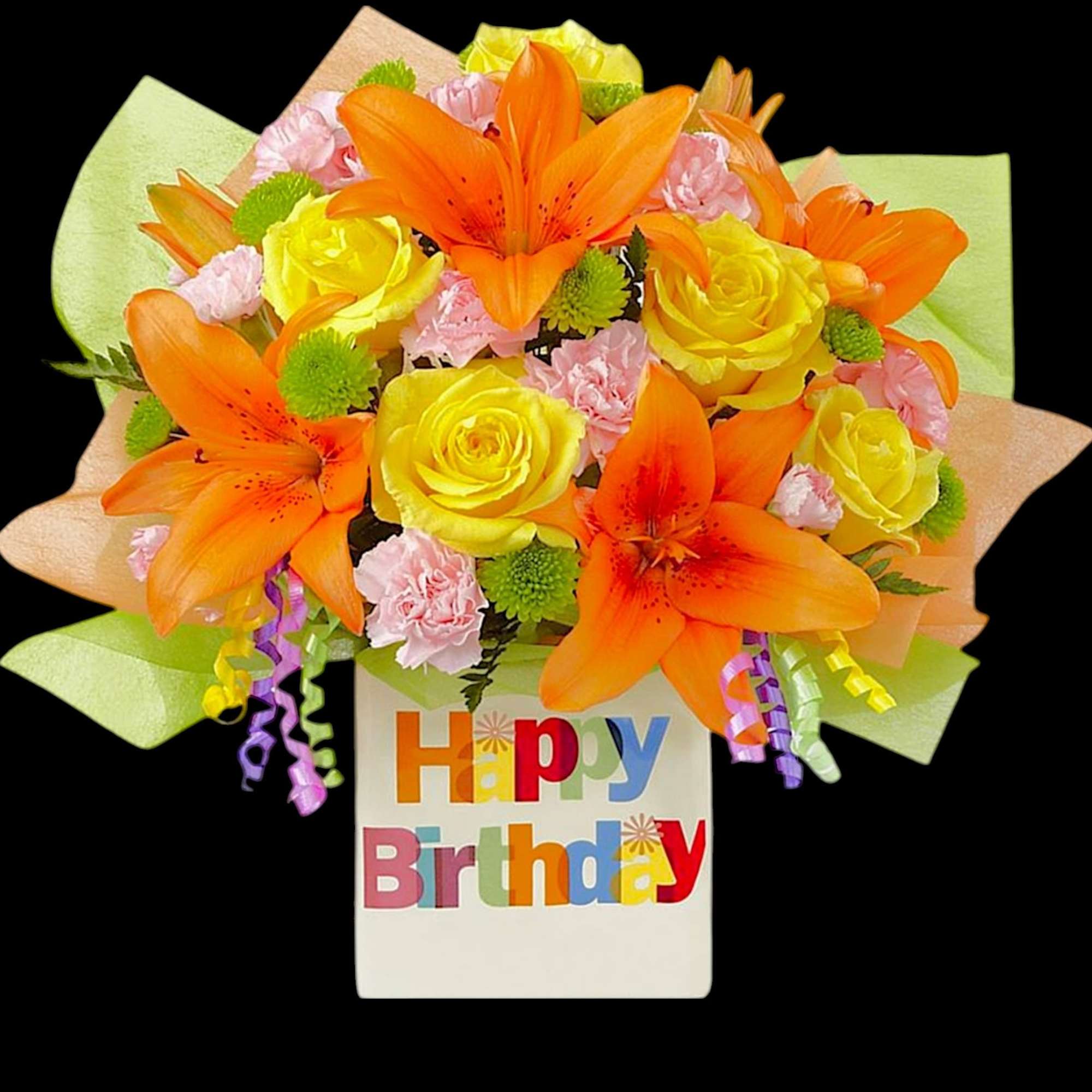 Orange lilies and yellow roses in a birthday gift box