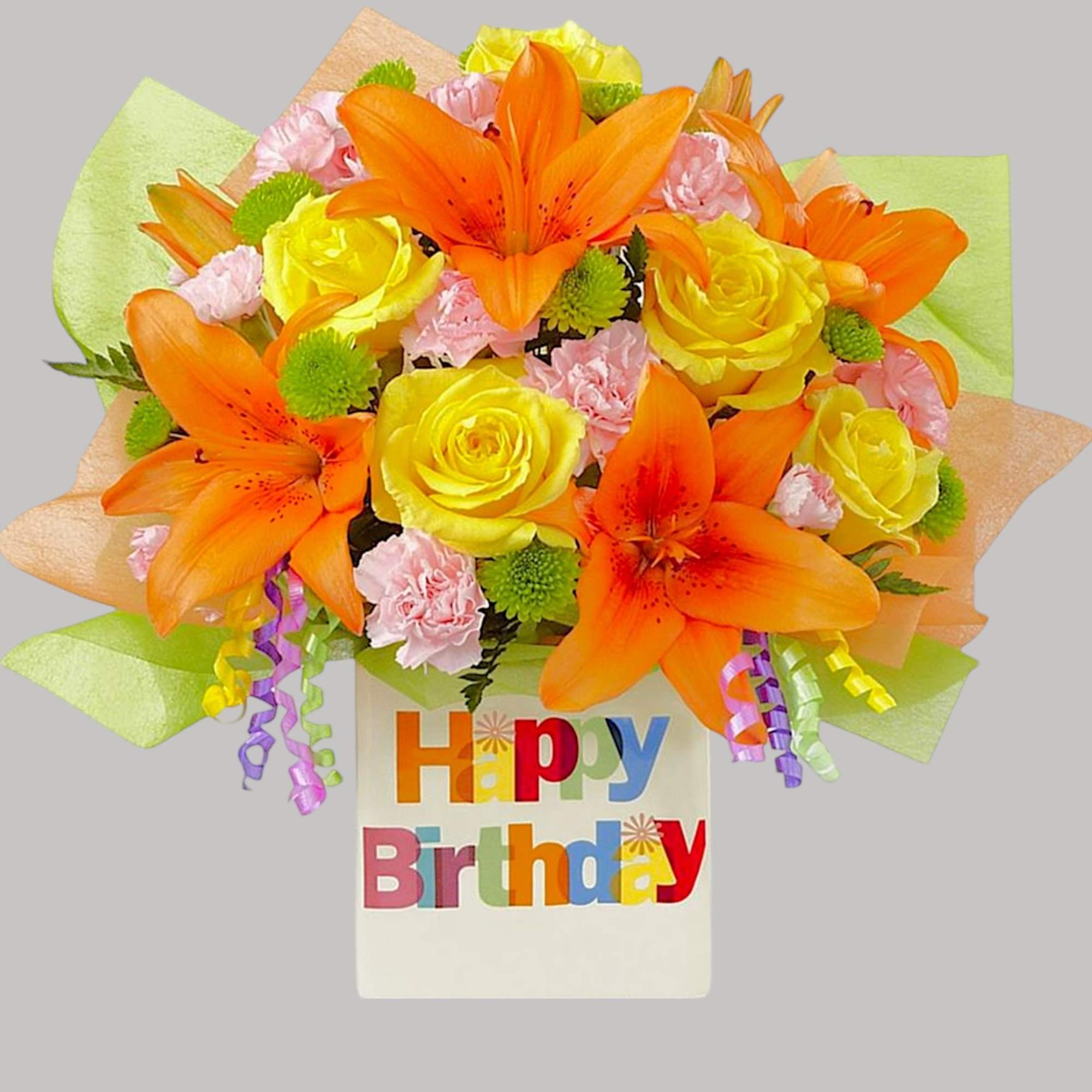 Orange lilies and yellow roses in a birthday vase, photo 5 of 5