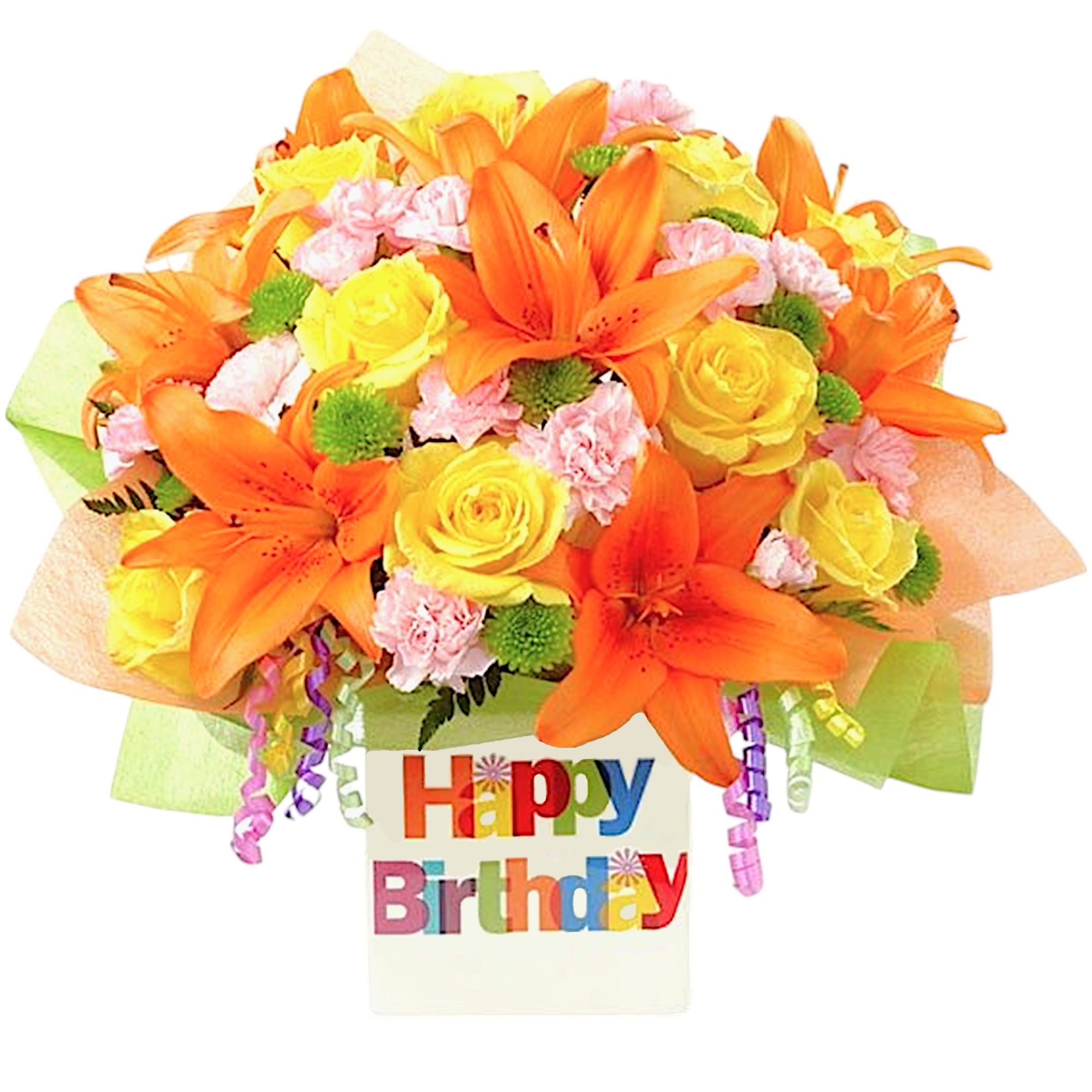 Orange lilies and yellow roses in a birthday gift arrangement