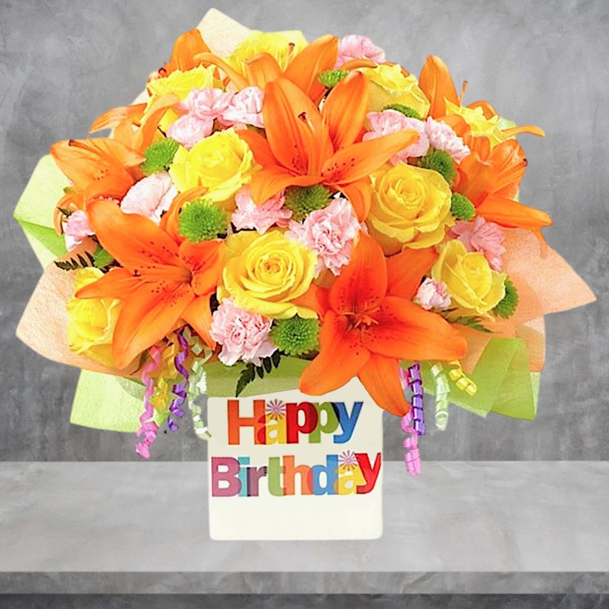 The Birthday Celebration arrangement brings together roses and Asiatic Lilies to create, photo 3 of 5