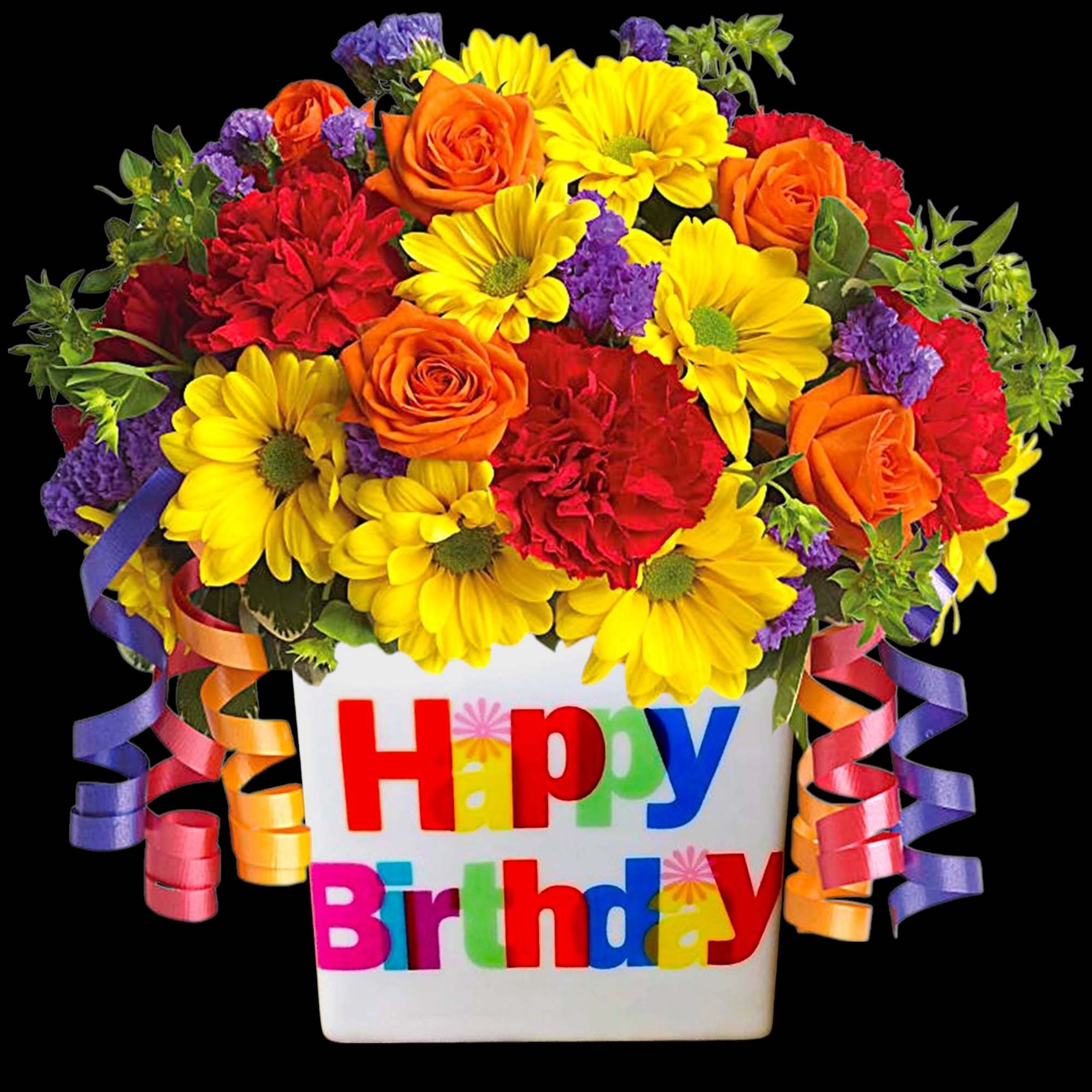 Colorful bouquet in a Happy Birthday container with ribbon curls