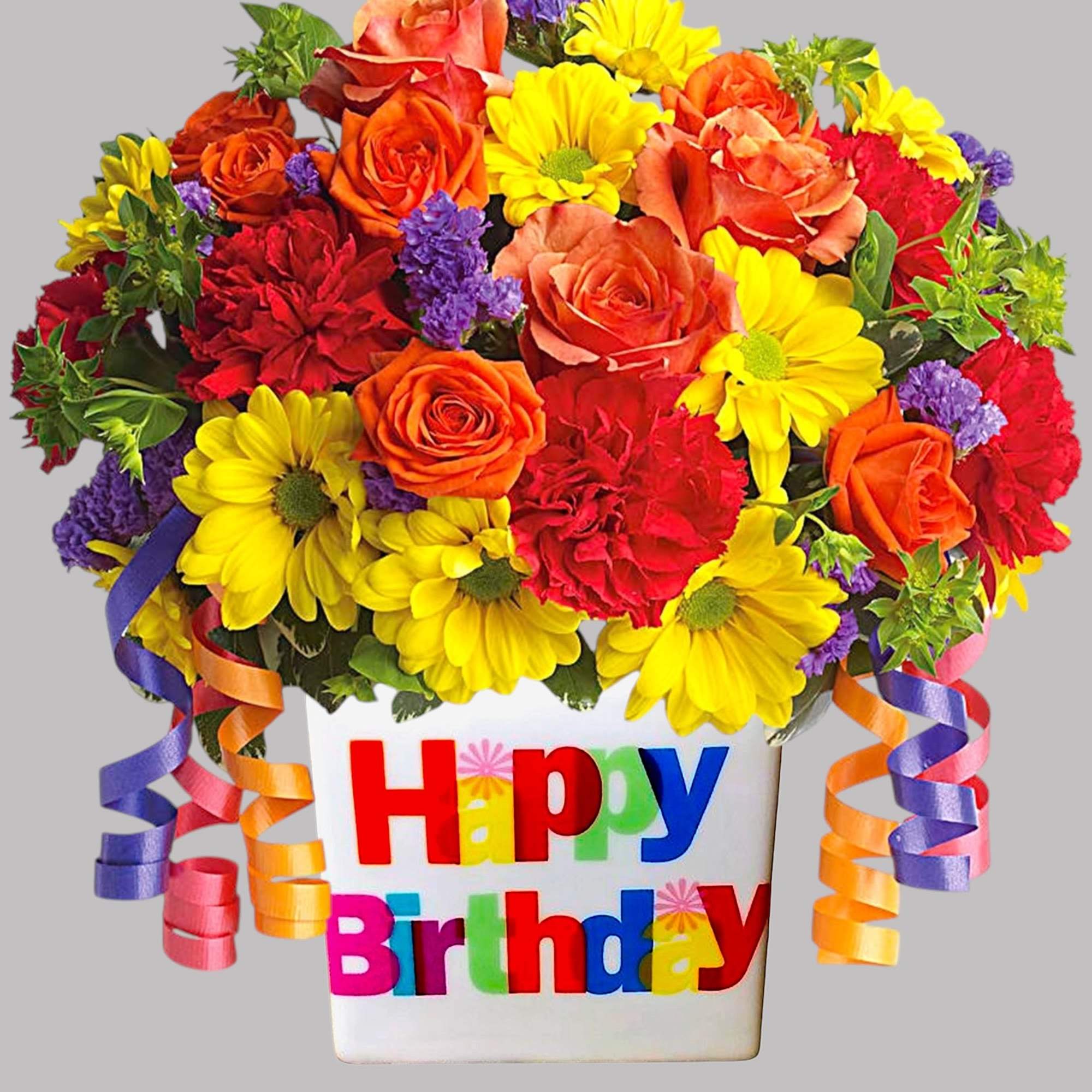 Colorful birthday flower arrangement in a white container with ribbon curls, photo 5 of 5