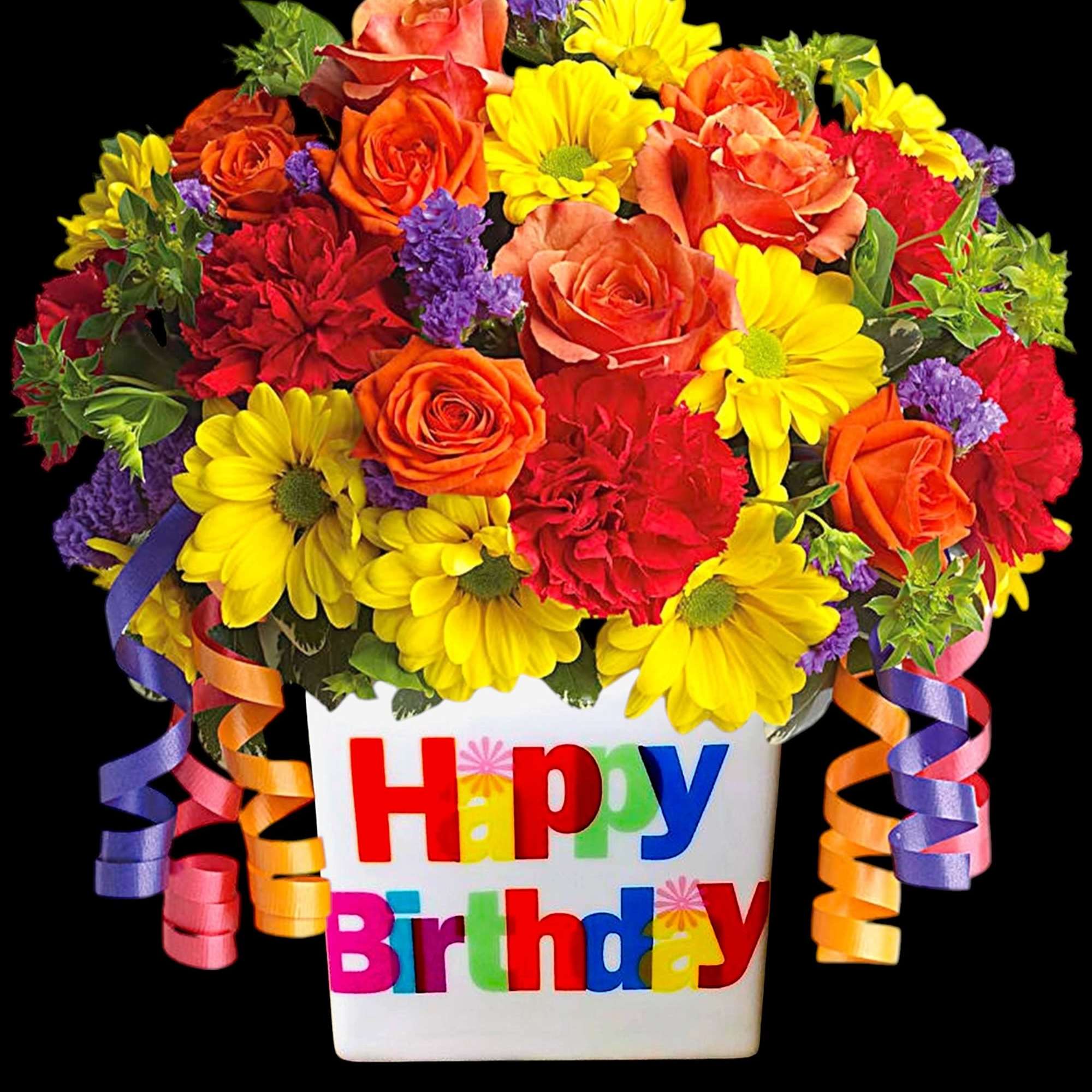 Bright mixed bouquet in a white birthday container with curling ribbons