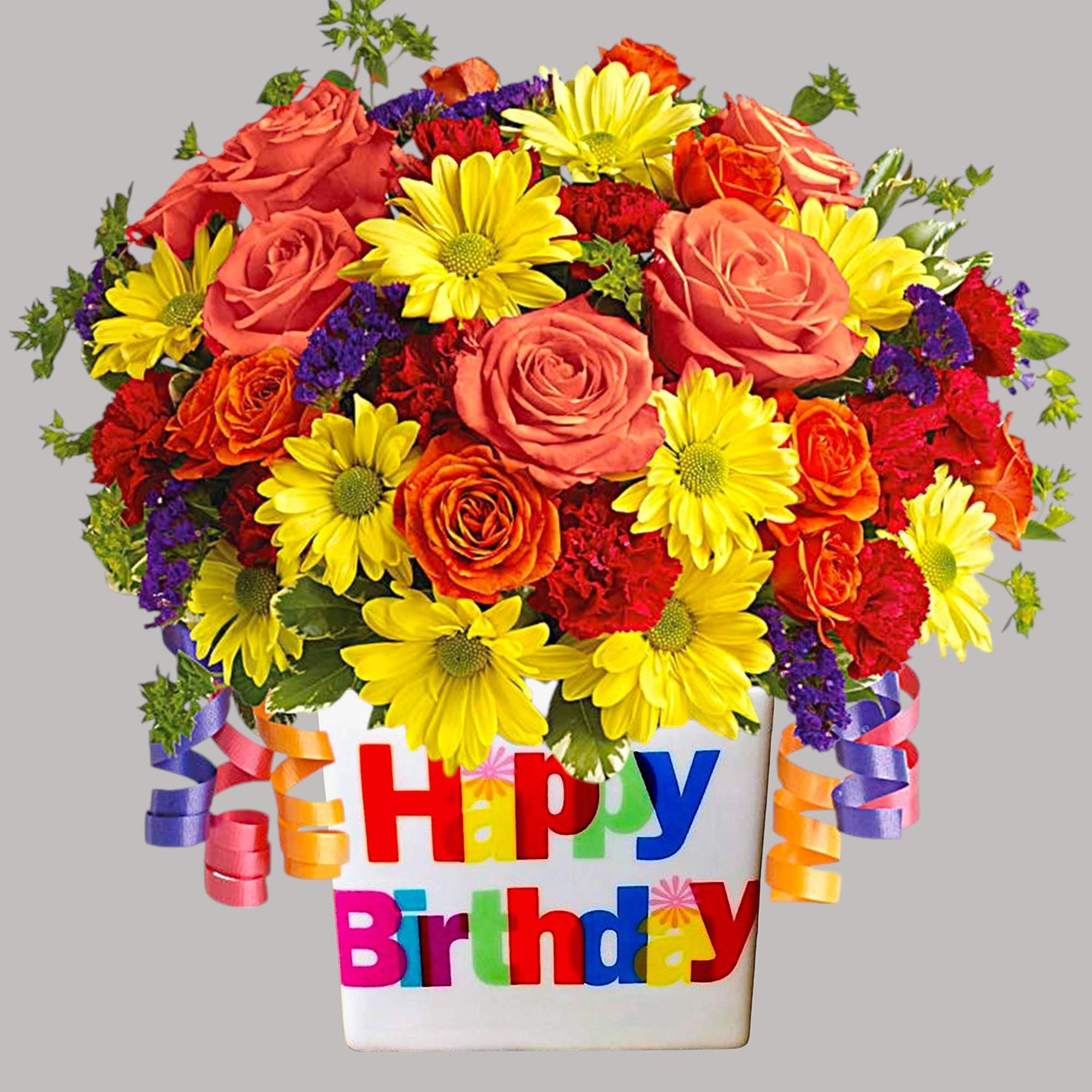 Colorful bouquet in a white Happy Birthday container