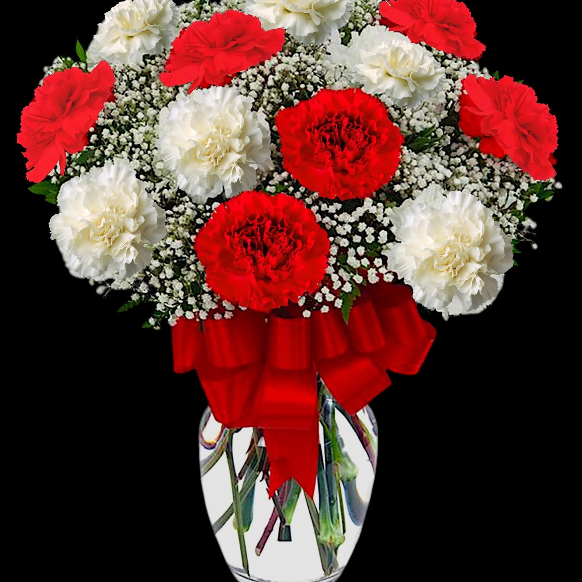 Red and white carnations in a clear glass vase with a red ribbon, photo 3 of 4