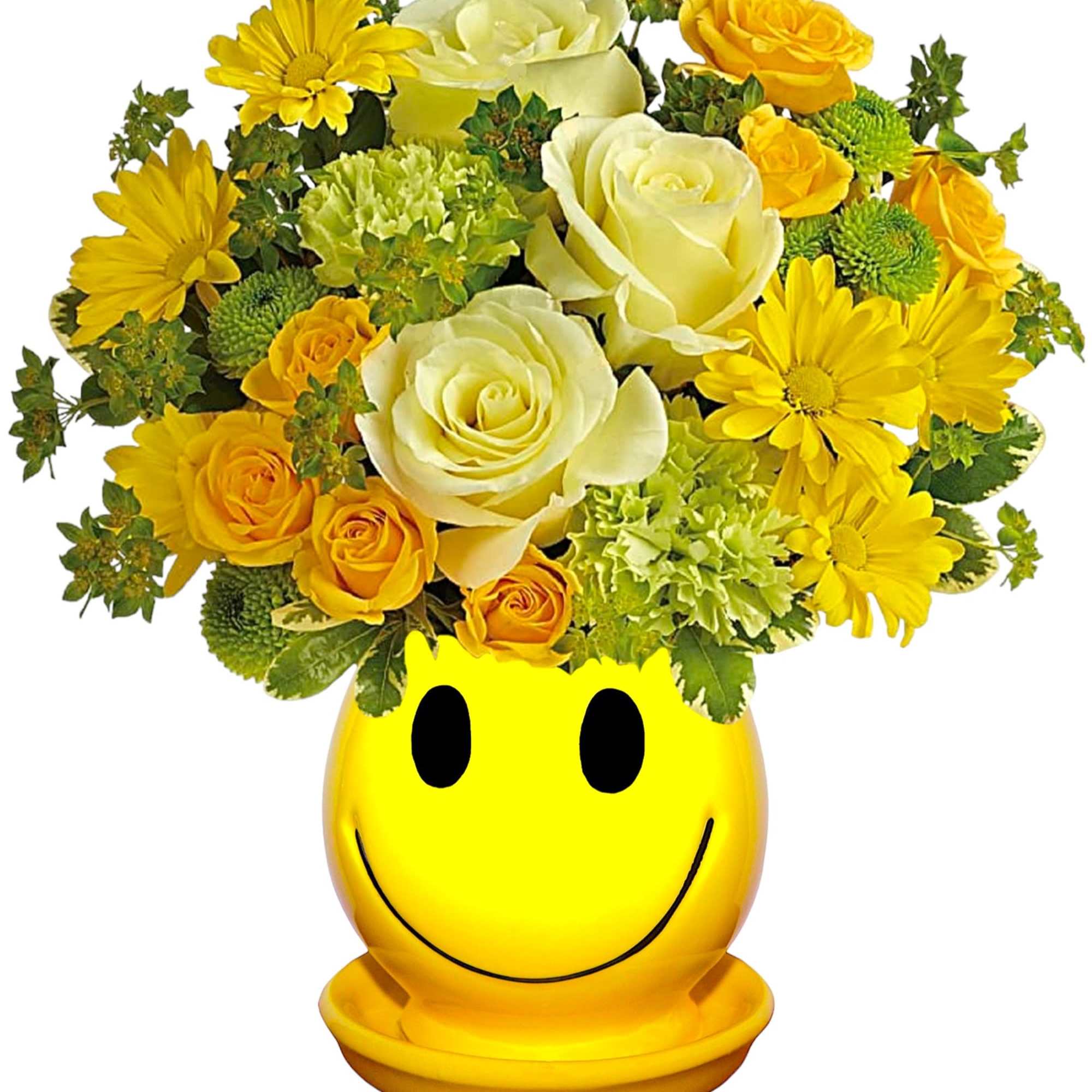 Yellow and white flower arrangement in a smiley-face vase