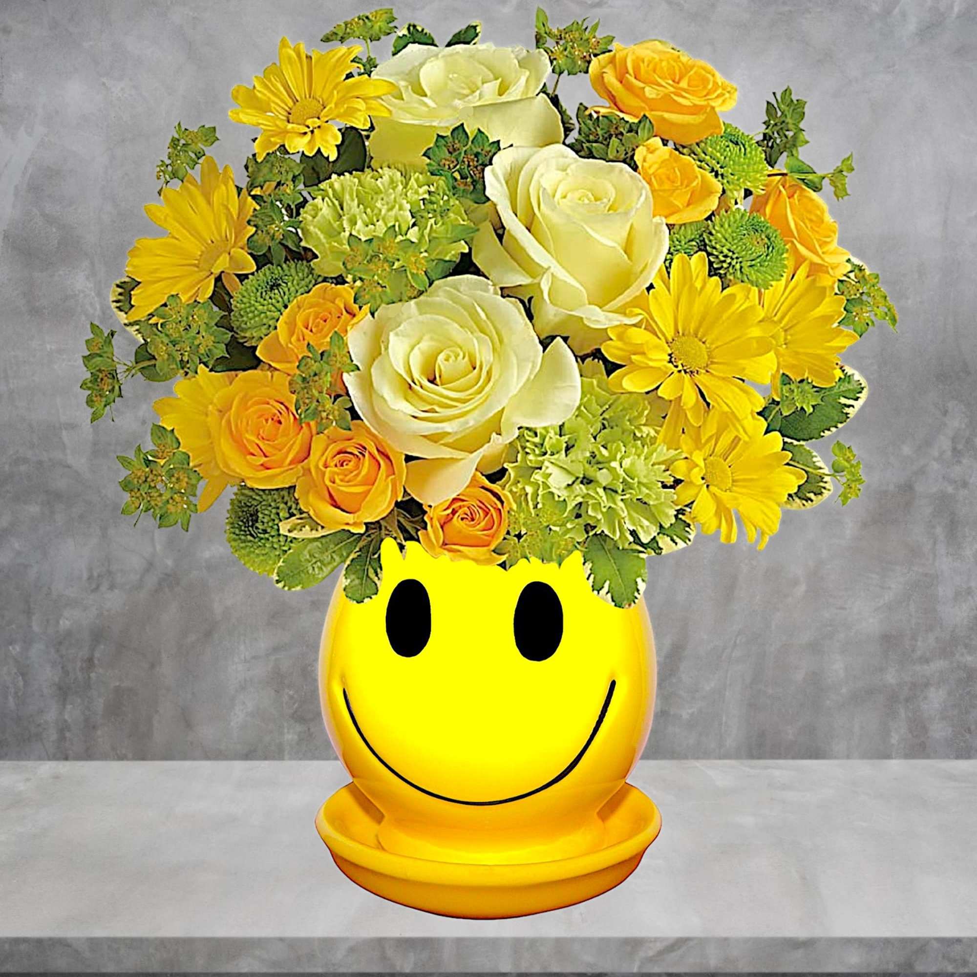Yellow and white flower arrangement in a smiley-face pot, photo 2 of 4