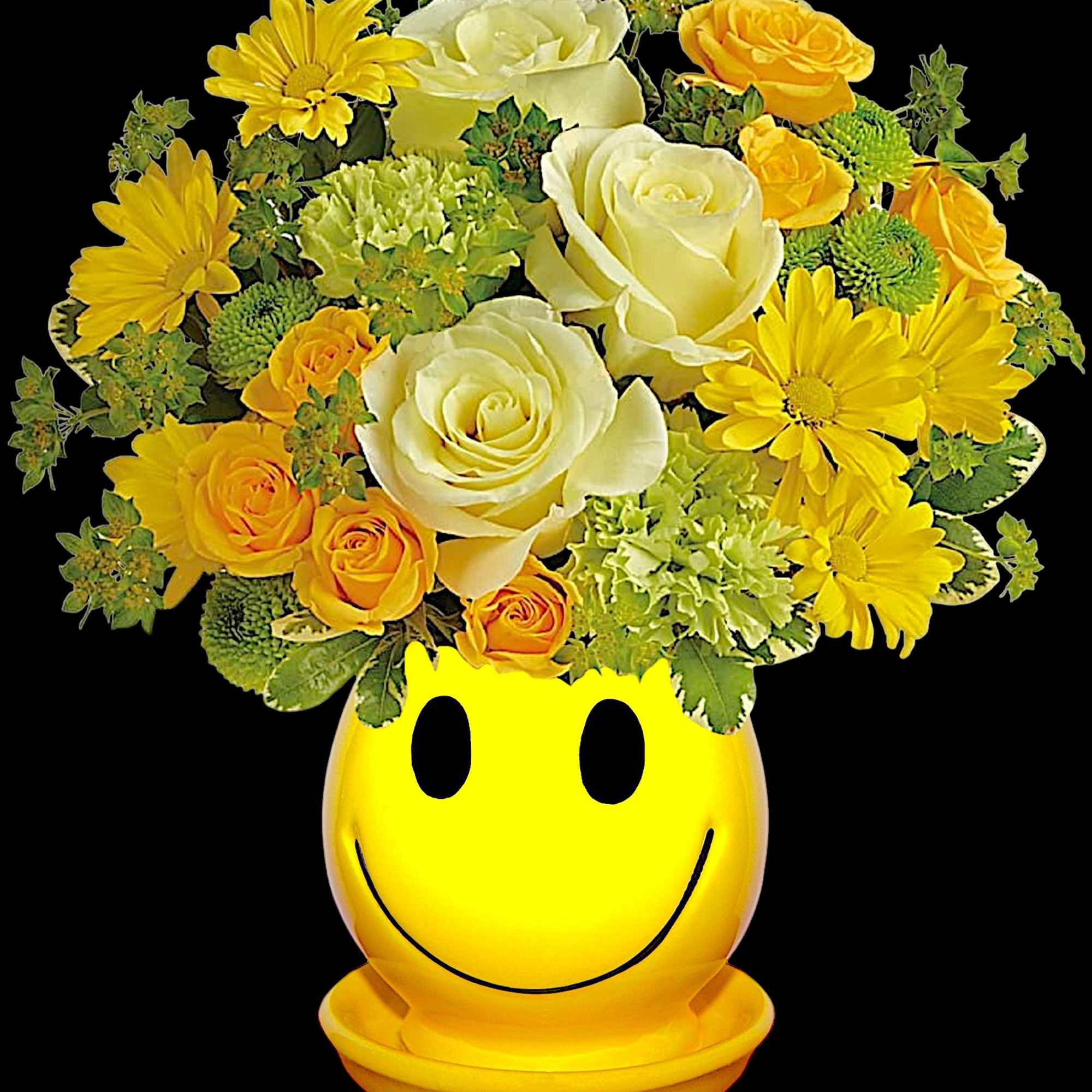Yellow and white flower arrangement in a smiley-face pot, photo 3 of 4