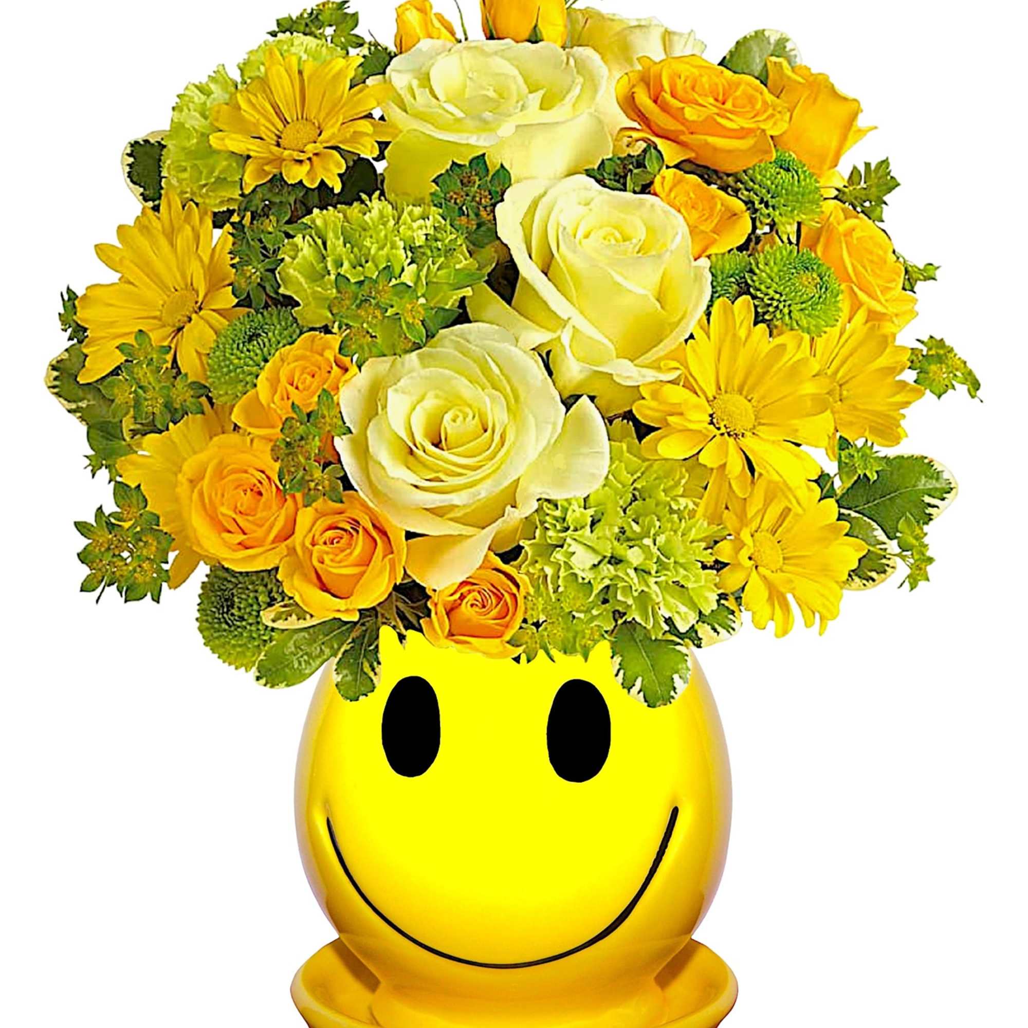 Yellow and white flower arrangement in a smiley-face vase