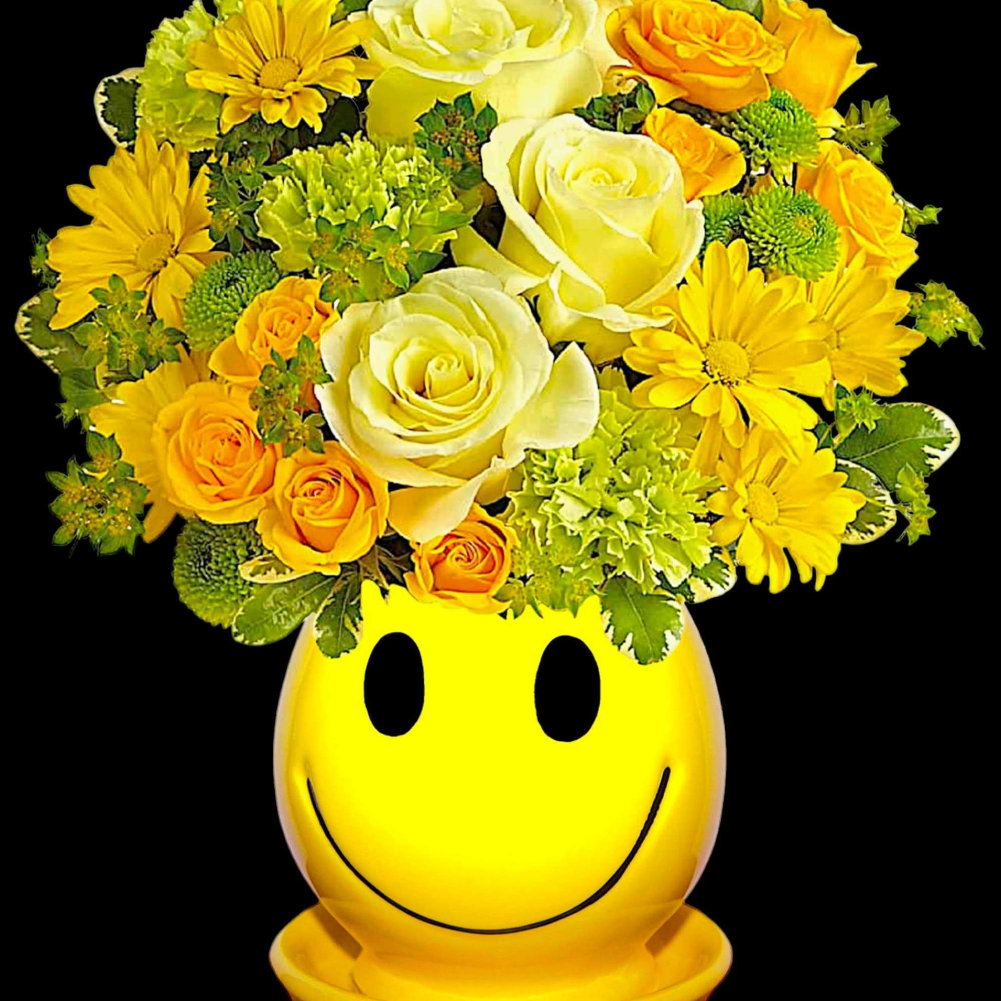 Yellow and white flower arrangement in a smiley-face vase, photo 3 of 4