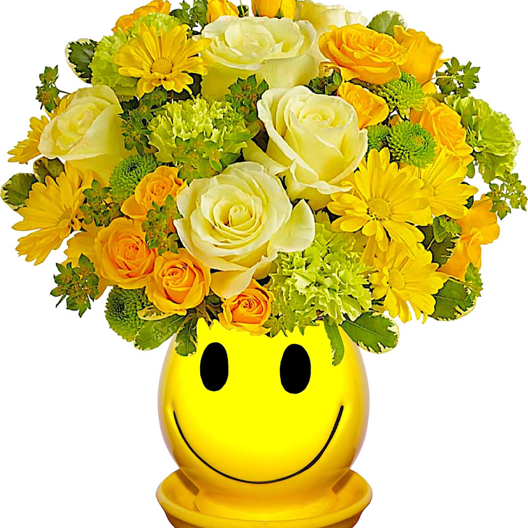 Yellow and white flower arrangement in a smiley-face vase
