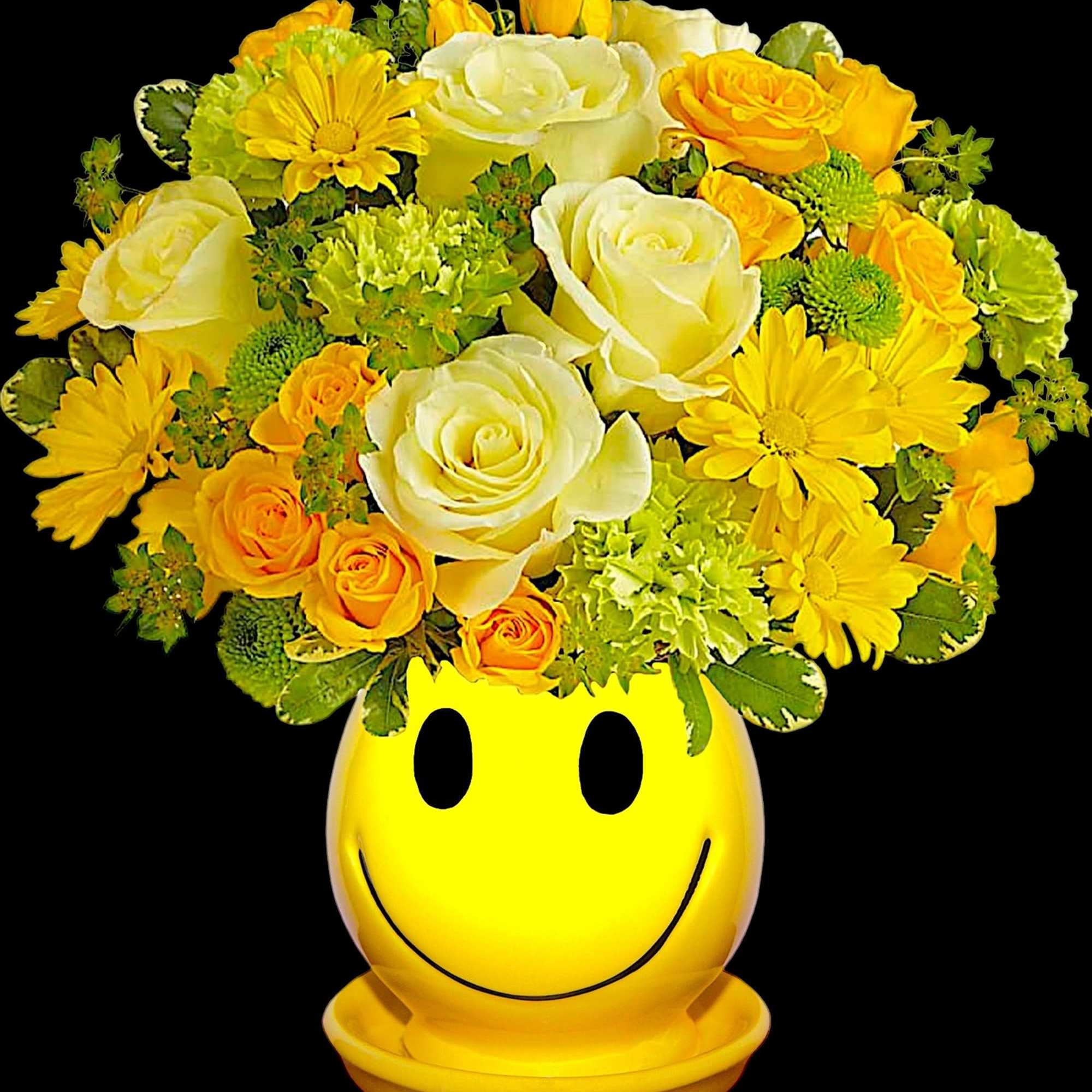 Yellow and white flower arrangement in a smiley-face vase, photo 3 of 4