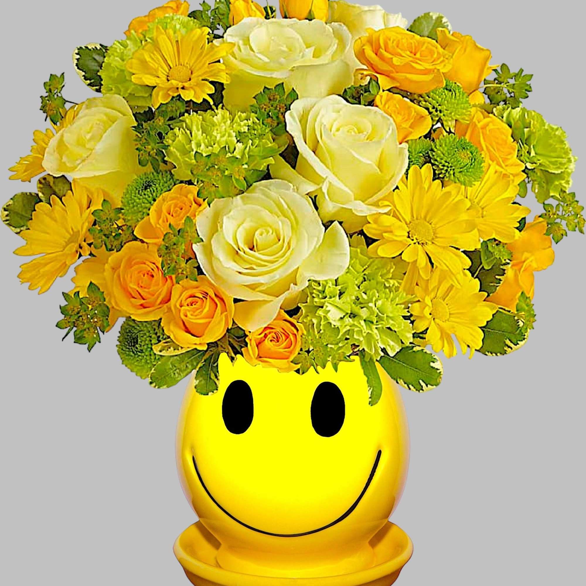 Yellow and white flower arrangement in a smiley-face vase, photo 4 of 4