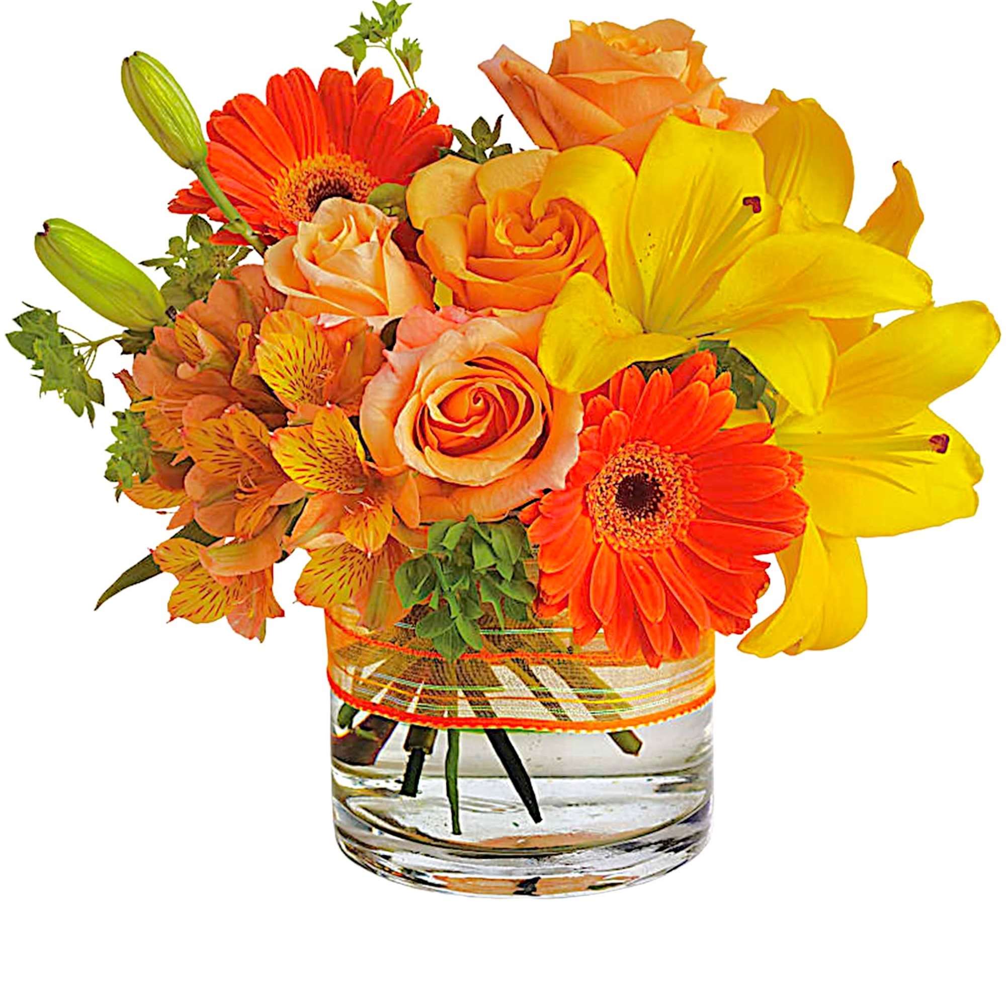 Orange and yellow bouquet in a clear glass vase