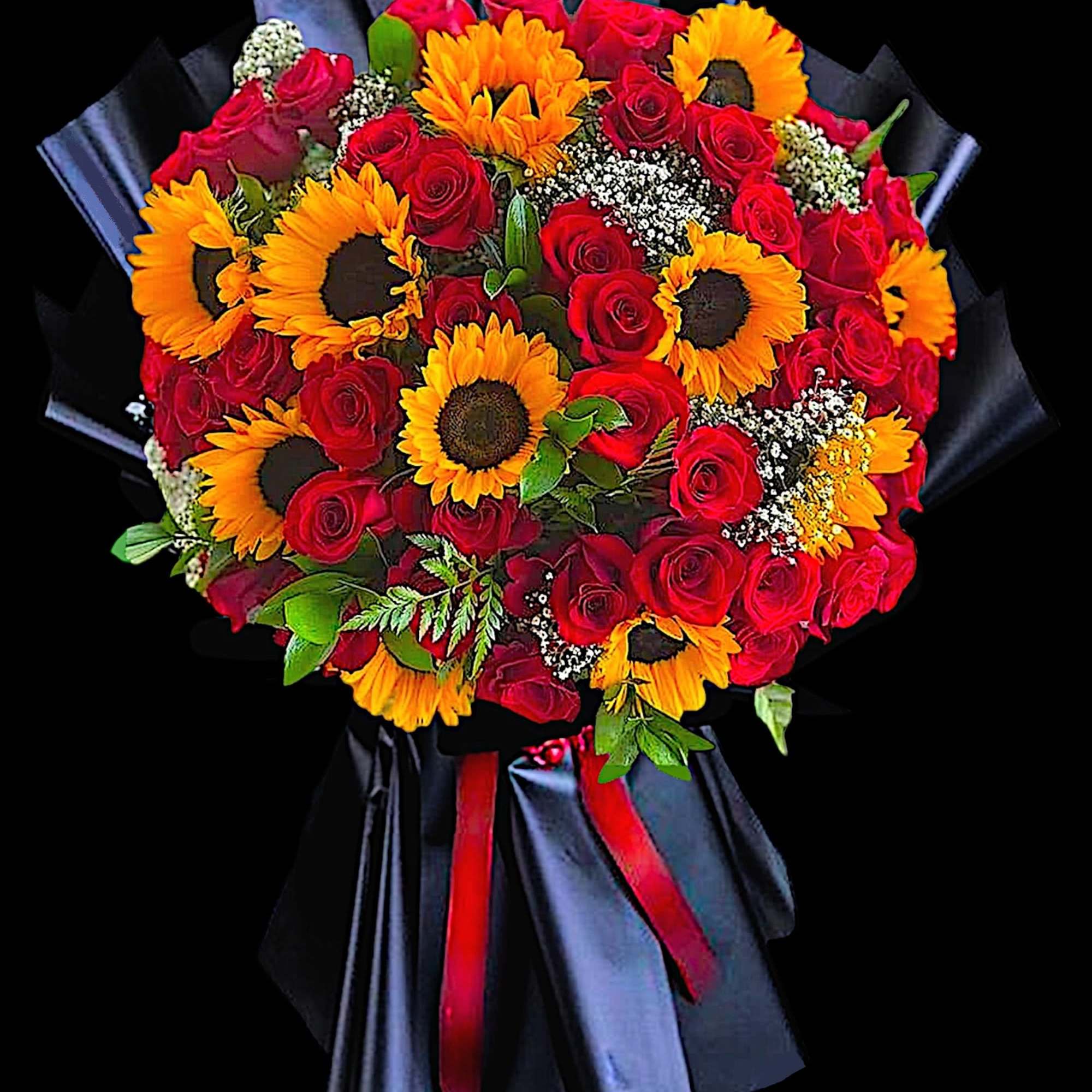 Bouquet of red roses and yellow sunflowers wrapped in black paper, photo 3 of 5