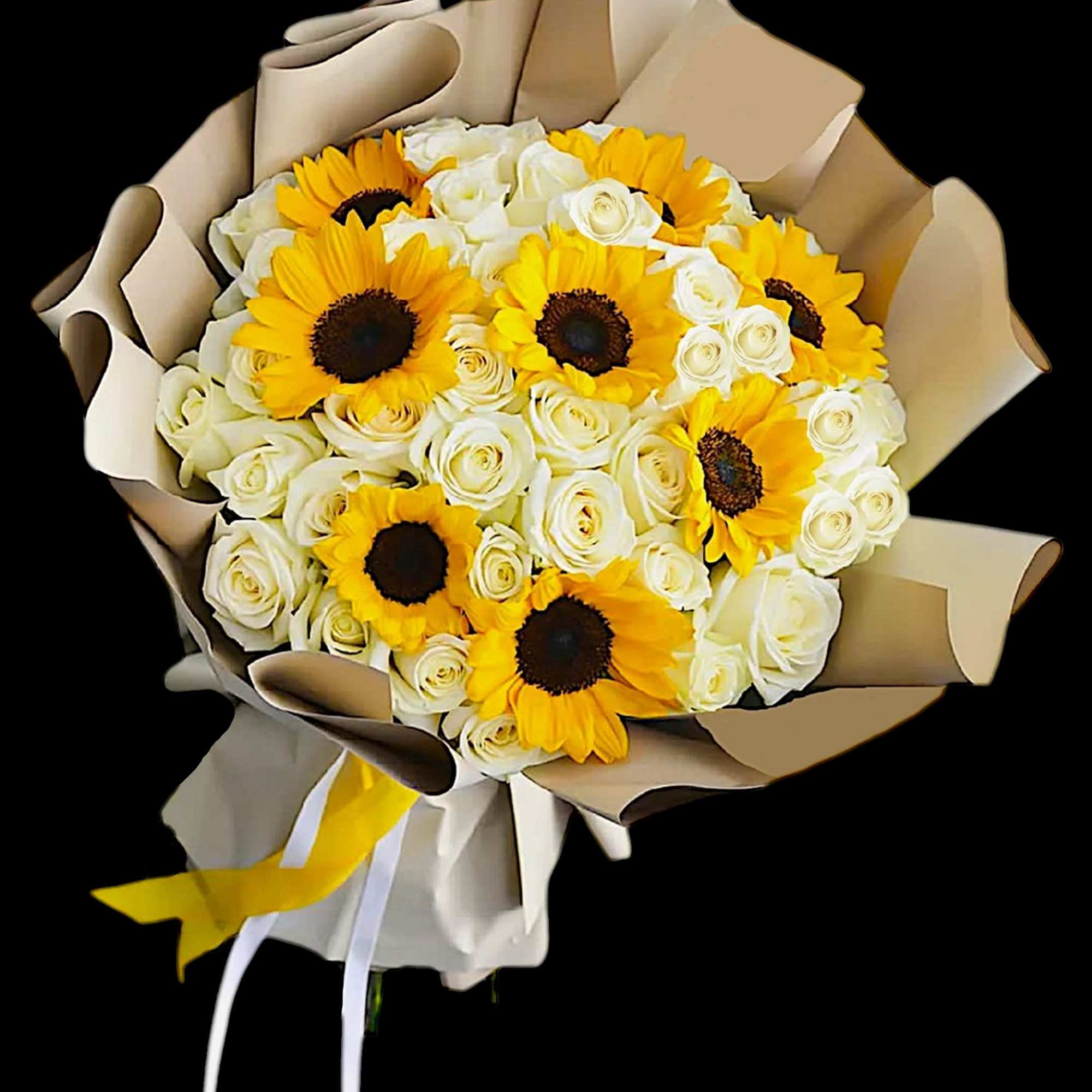 Bouquet of yellow sunflowers and white roses wrapped in beige paper