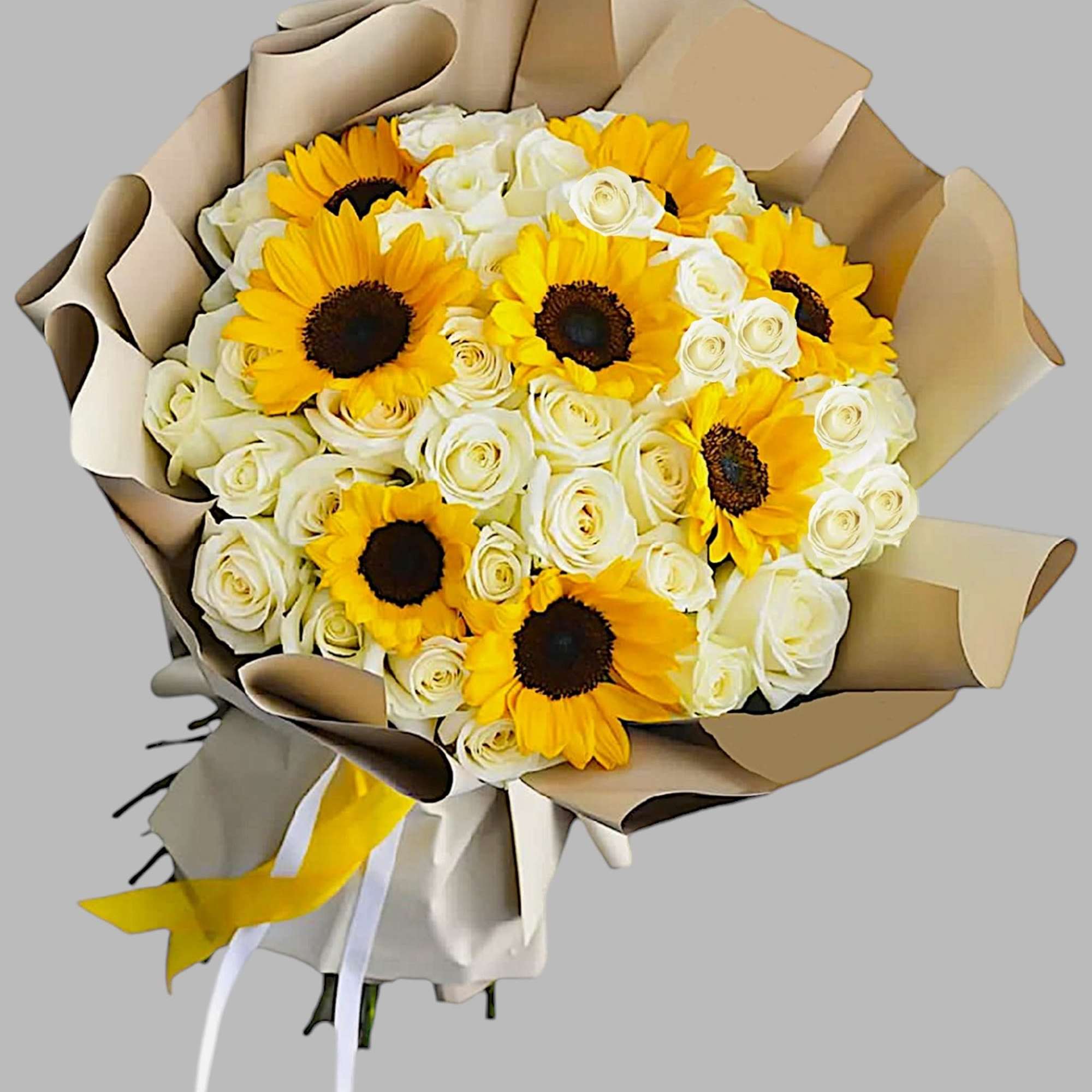 Bouquet of yellow sunflowers and white roses wrapped in tan paper, photo 4 of 4