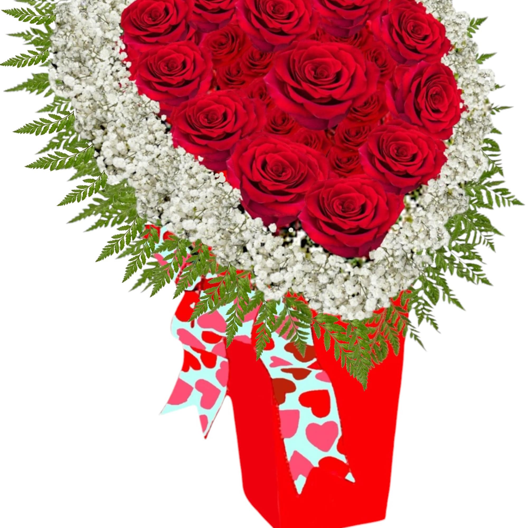 Heart-shaped red rose arrangement with white baby's breath in a gift box