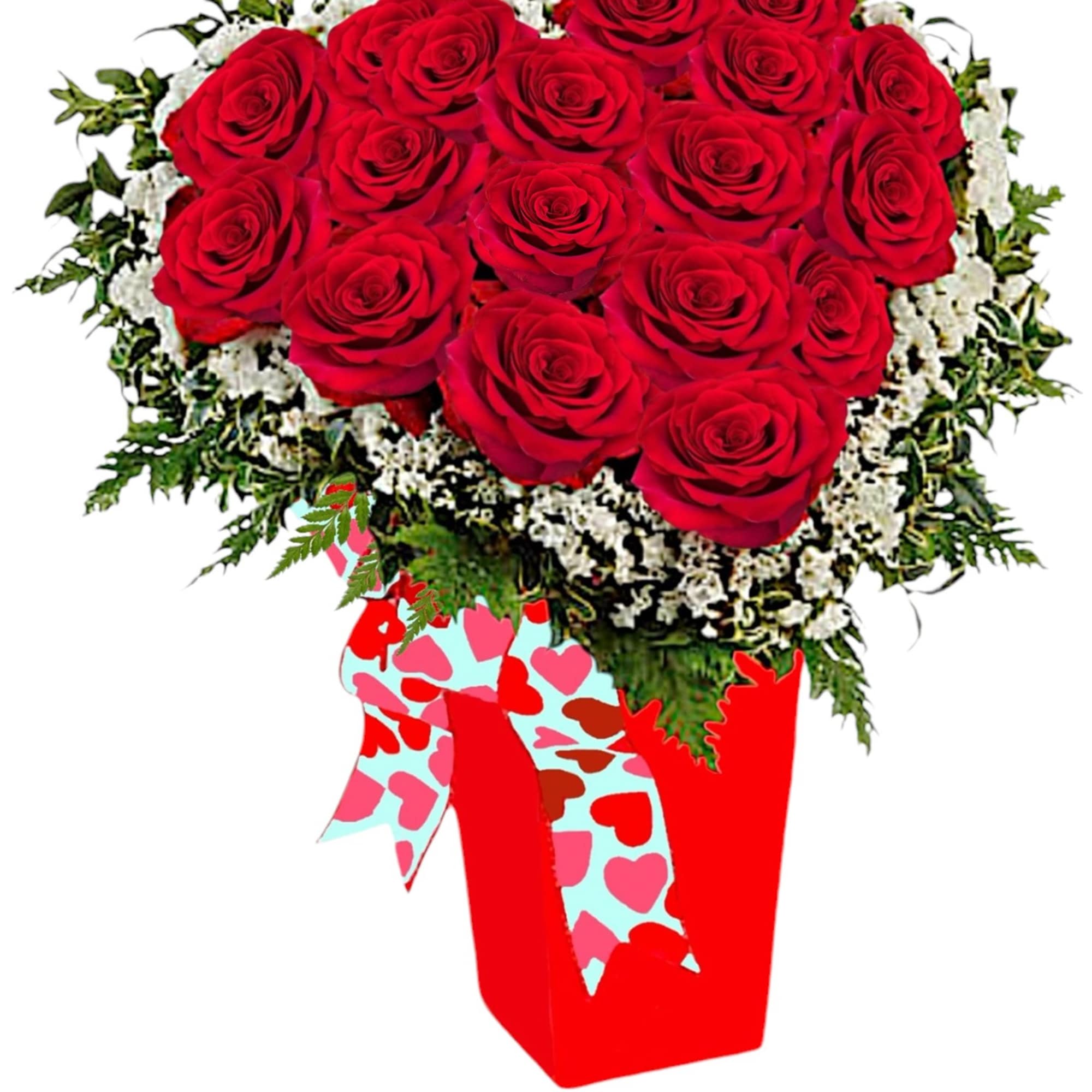 Red roses arranged in a tall red vase with a heart-patterned ribbon
