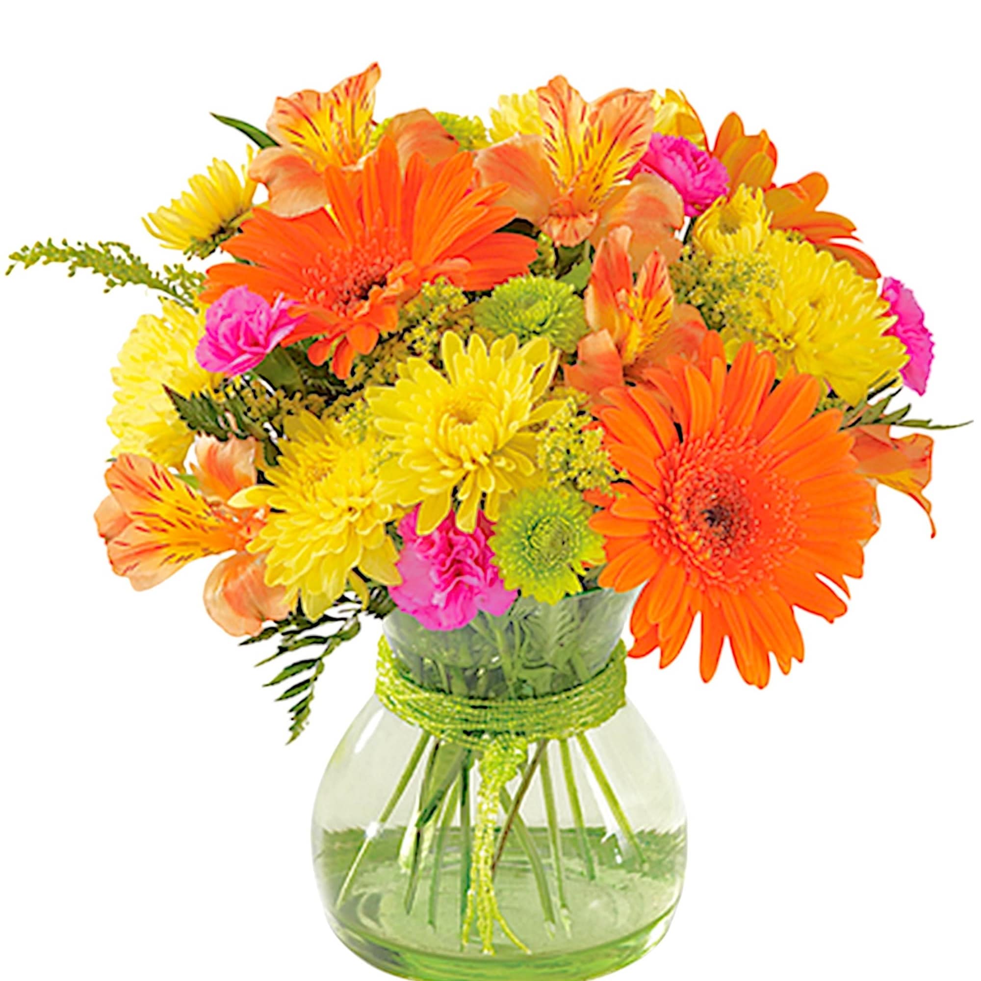 Bright mixed bouquet of orange, yellow, and pink flowers in a glass vase