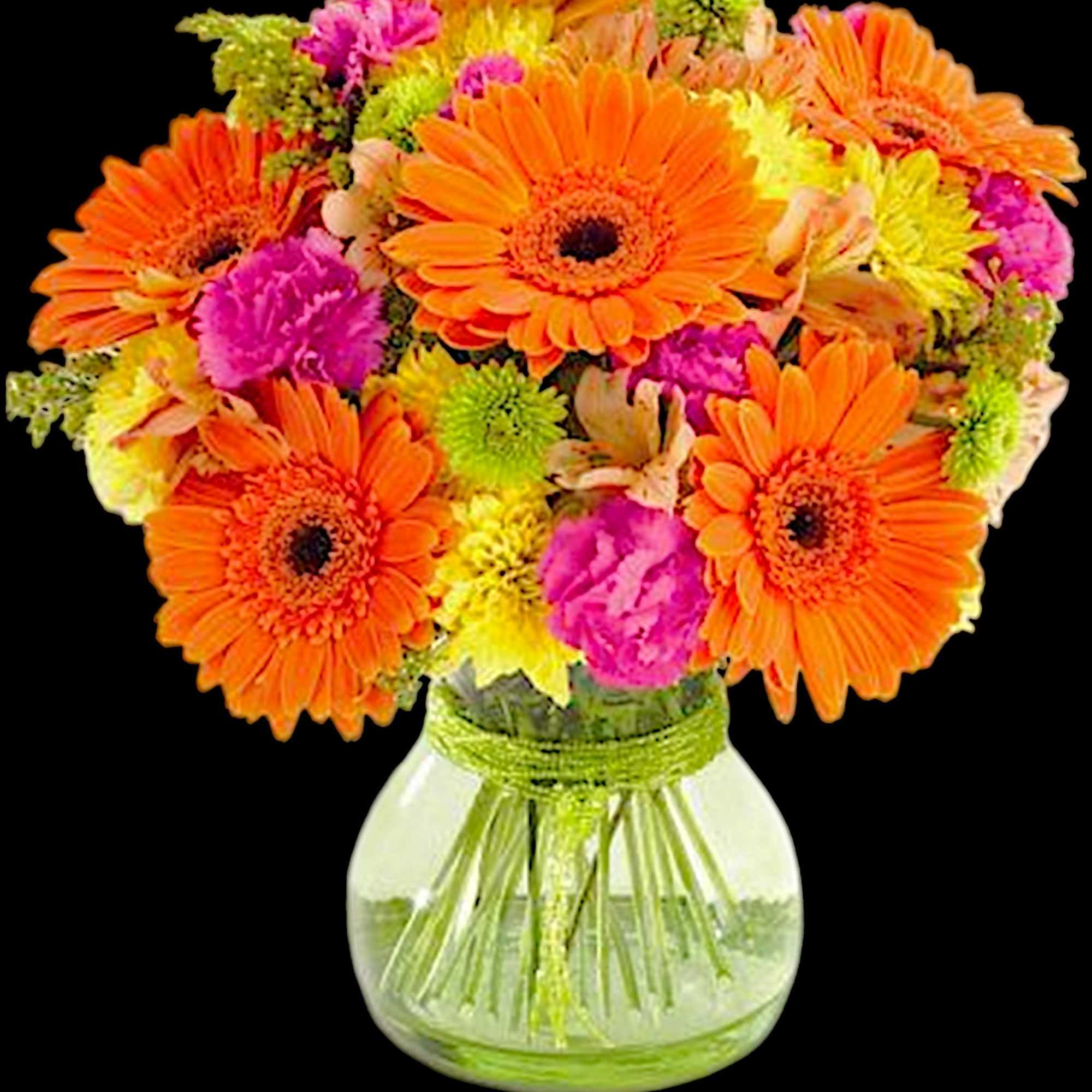 Bright mixed bouquet of orange, pink, and yellow flowers in a glass vase