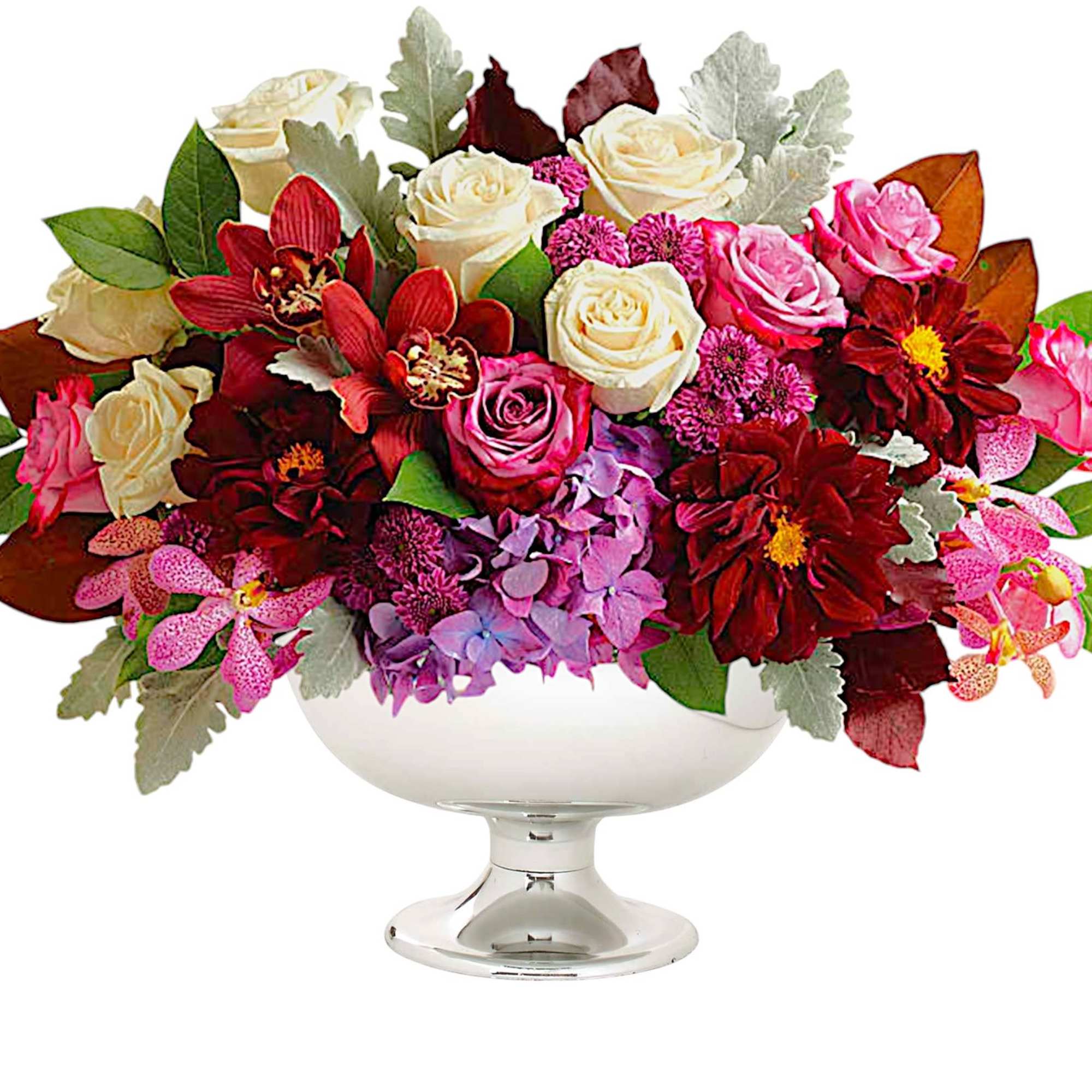 A chic spin on the traditional fall arrangement, this luxurious bouquet of