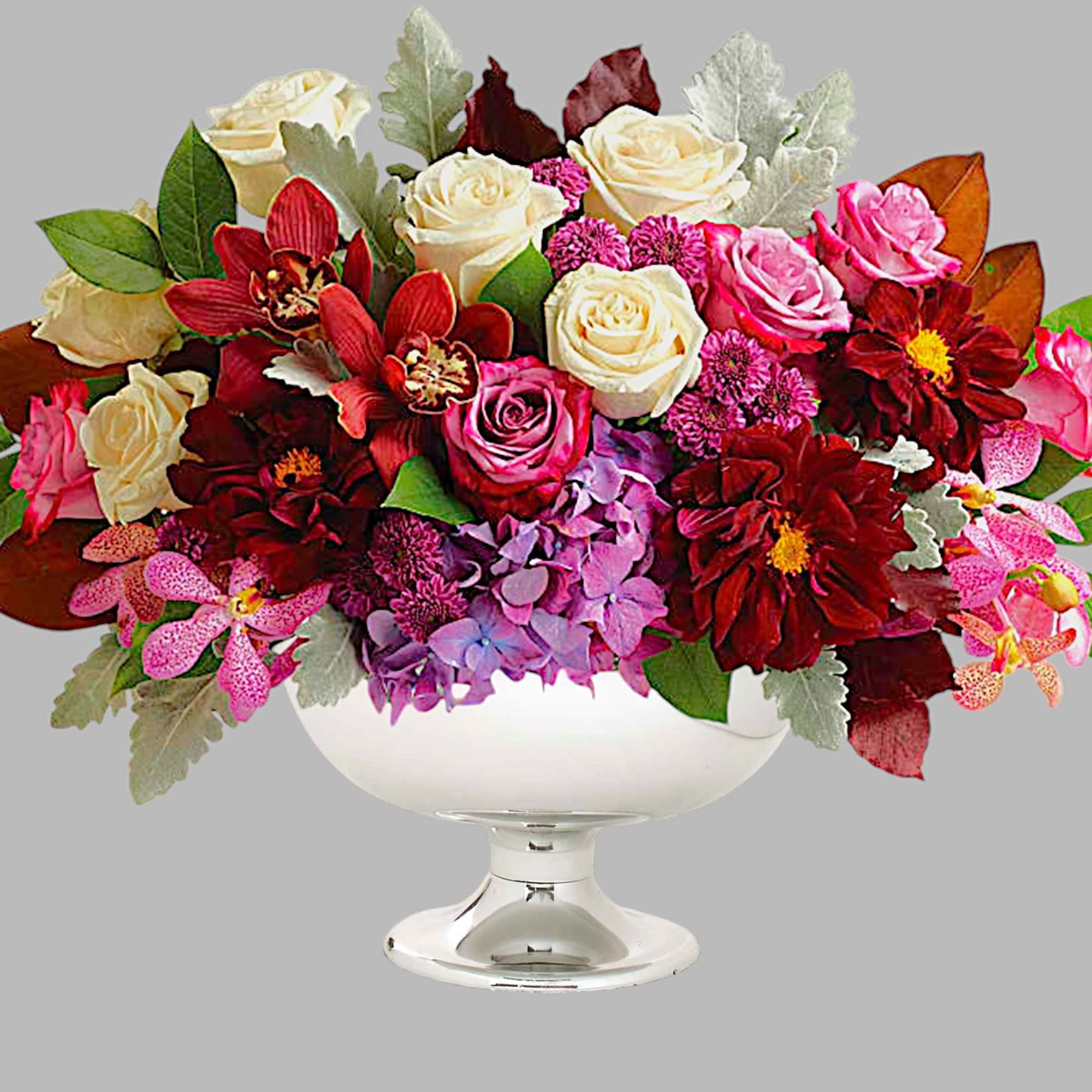 Mixed bouquet of roses and orchids in a white pedestal vase, photo 4 of 4