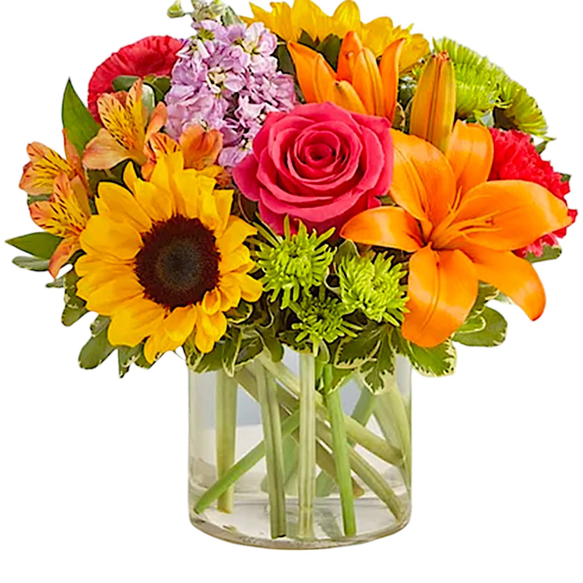 Mixed bouquet with sunflowers, roses, lilies, and chrysanthemums in a glass vase
