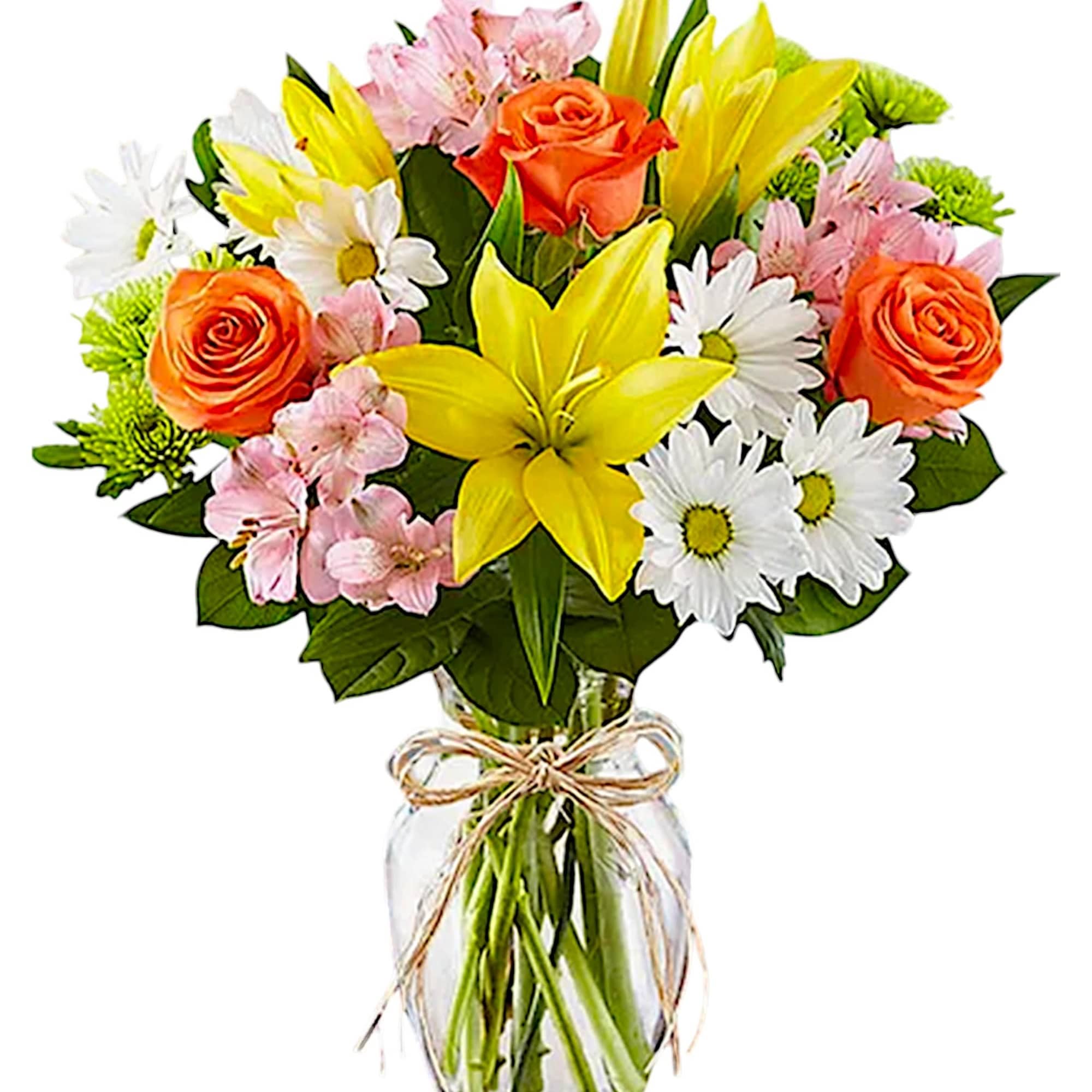 Bouquet of yellow lilies, orange roses, and white daisies in a glass vase