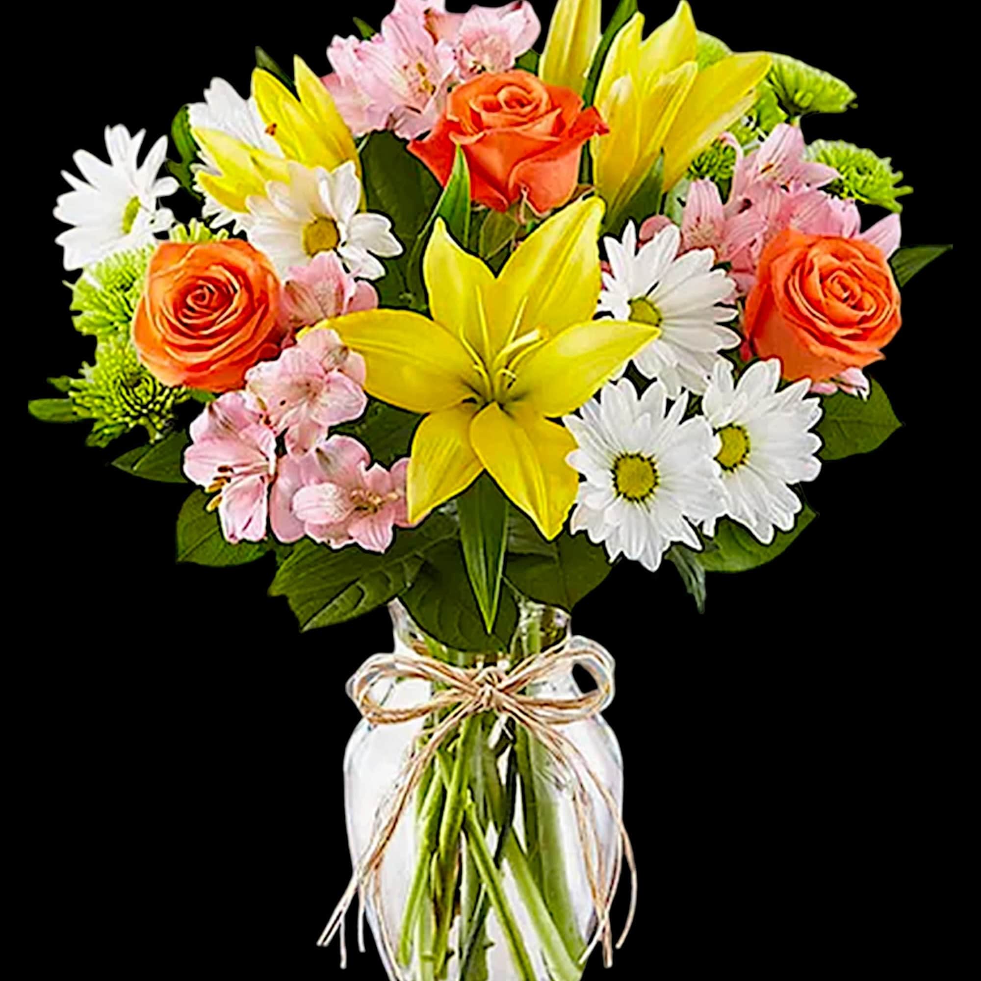 Bouquet of orange roses, yellow lilies, and white daisies in a glass vase