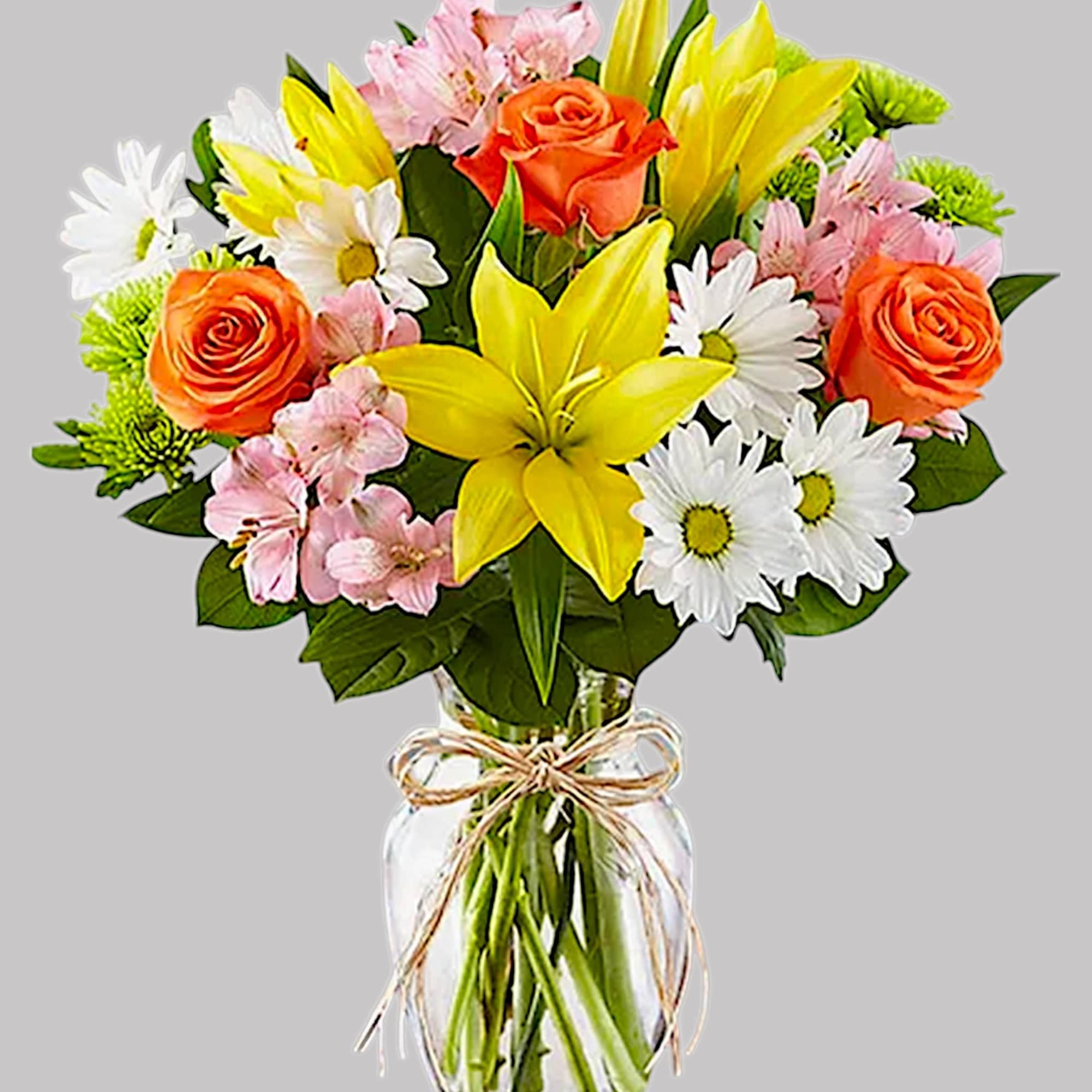 Bouquet of yellow lilies, orange roses, and white daisies in a glass vase, photo 5 of 5