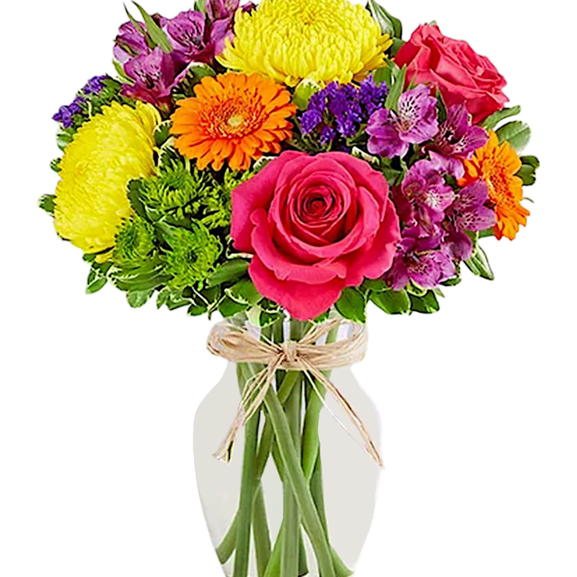 Mixed bouquet of roses, gerbera daisies, and alstroemeria in a glass vase