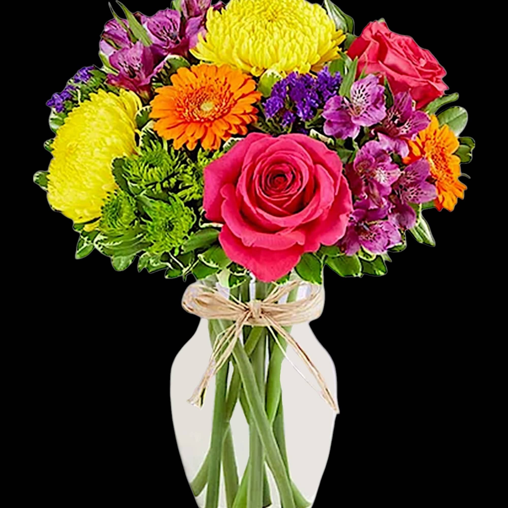 Colorful mixed bouquet in a clear glass vase with a ribbon bow