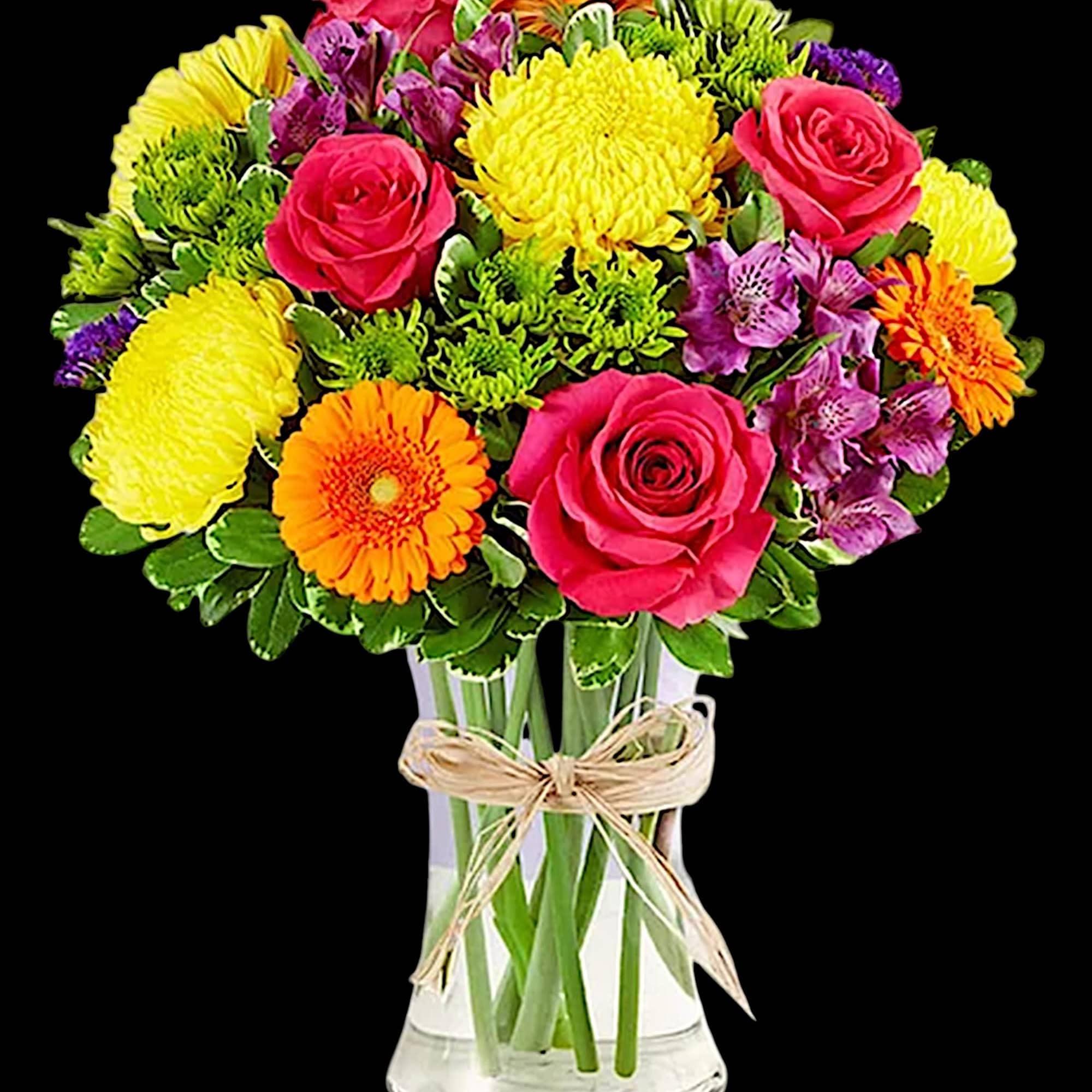 Mixed bouquet of roses, chrysanthemums, gerbera daisies, and alstroemeria in a glass vase, photo 4 of 5