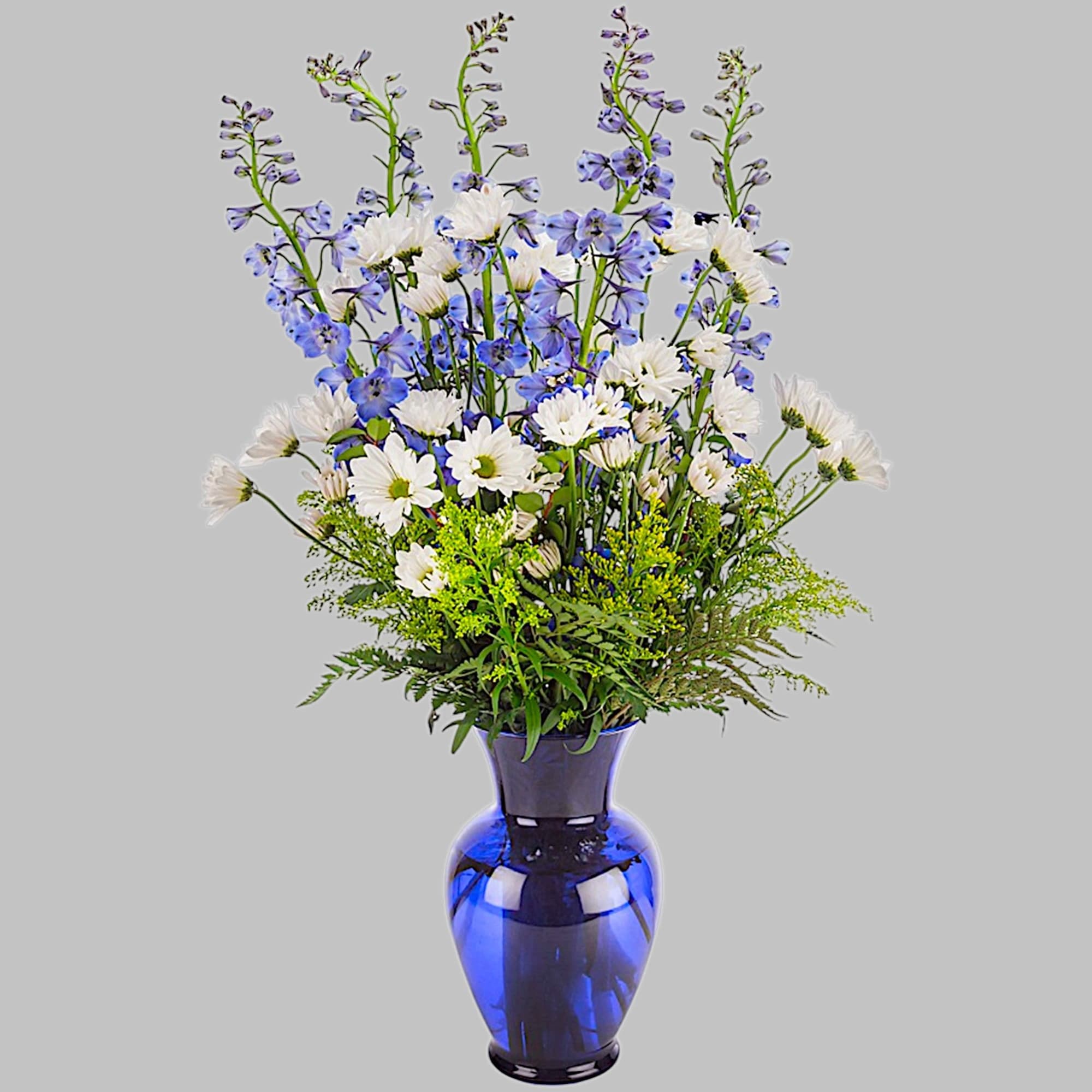 This tall blue and white arrangement is a breezy breath of summer, photo 5 of 5