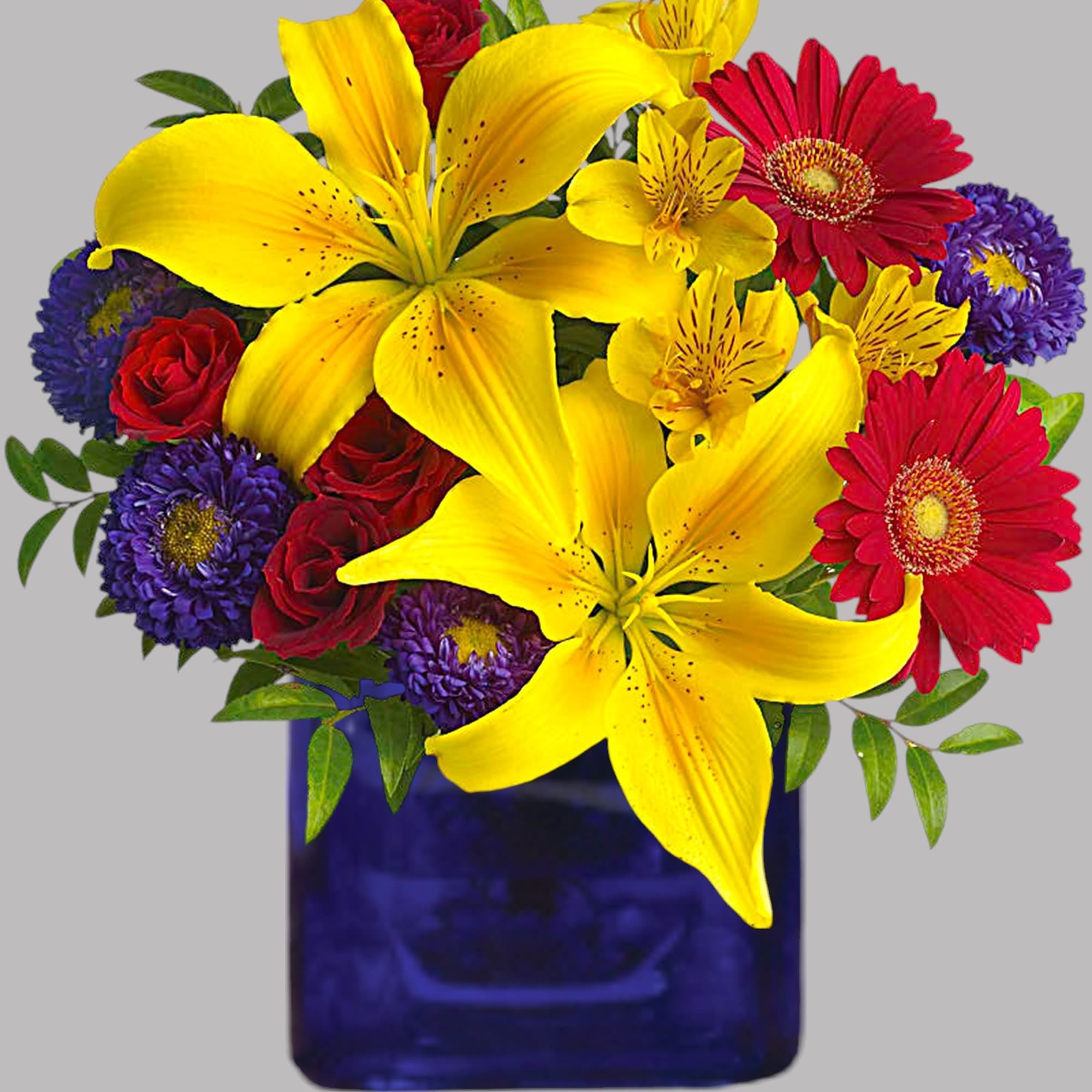 Bouquet of yellow lilies, red roses, and purple daisies in a blue vase, photo 4 of 4