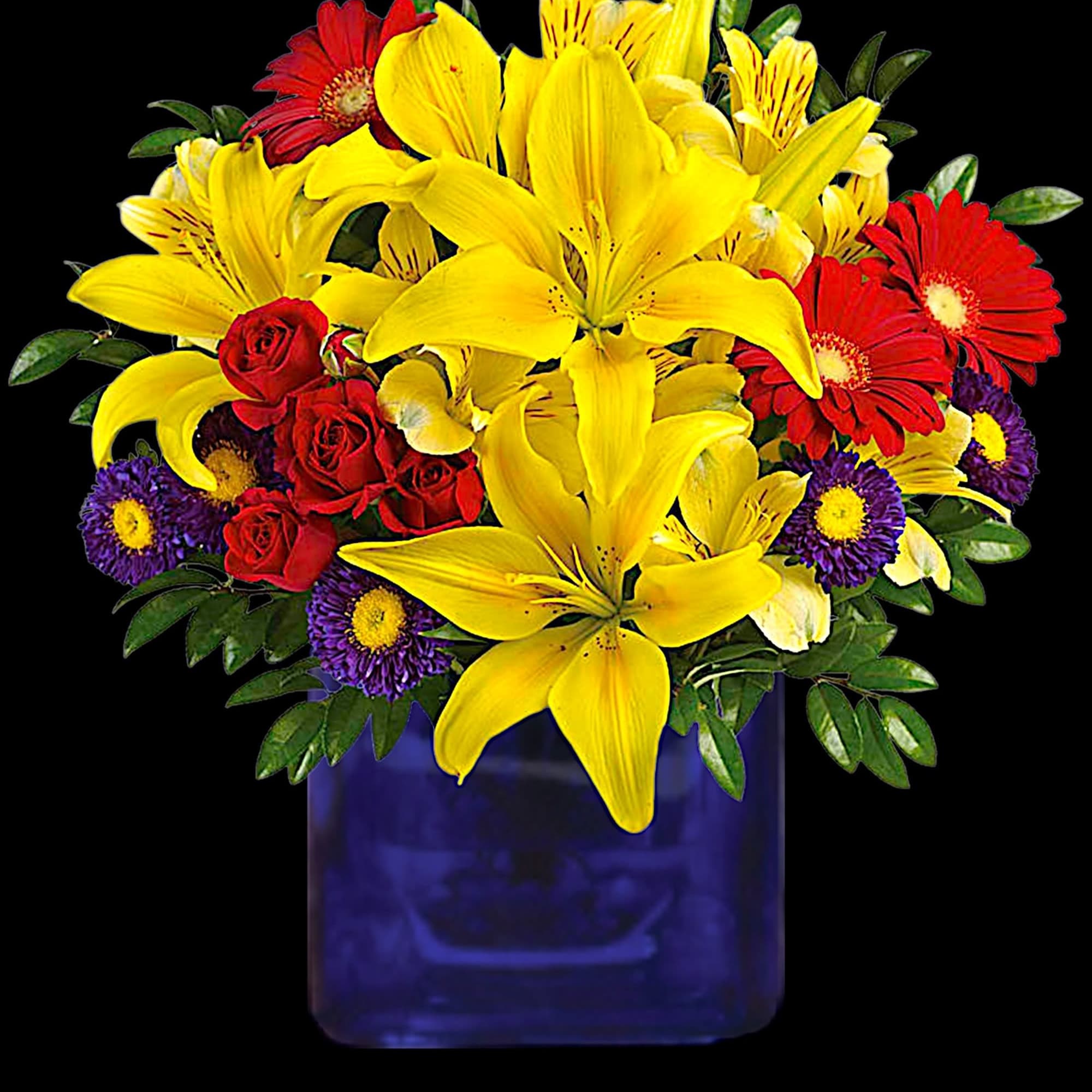 Bouquet of yellow lilies, red gerberas, and red roses in a blue vase