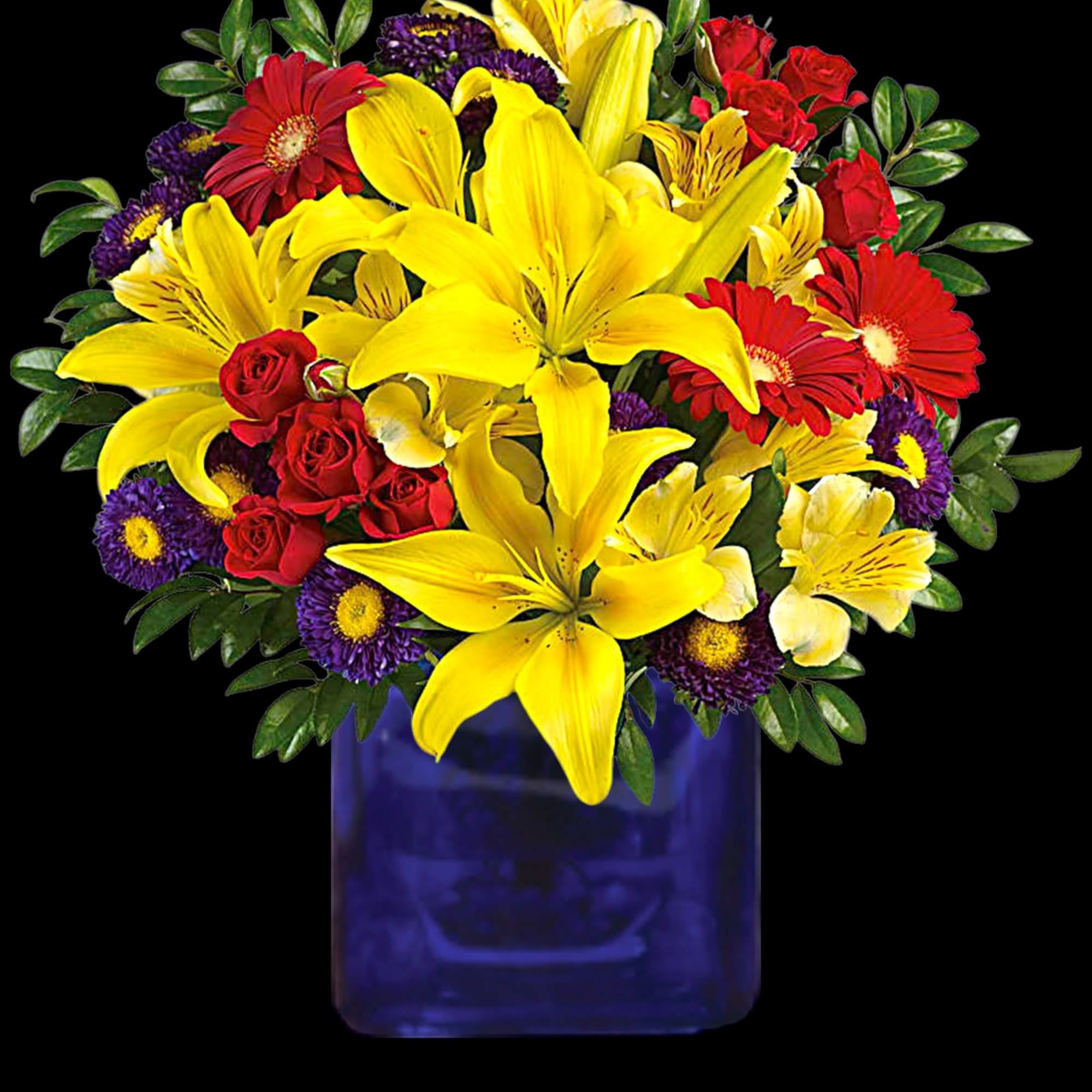 Bouquet of yellow lilies, red roses, and purple daisies in a blue vase, photo 3 of 4