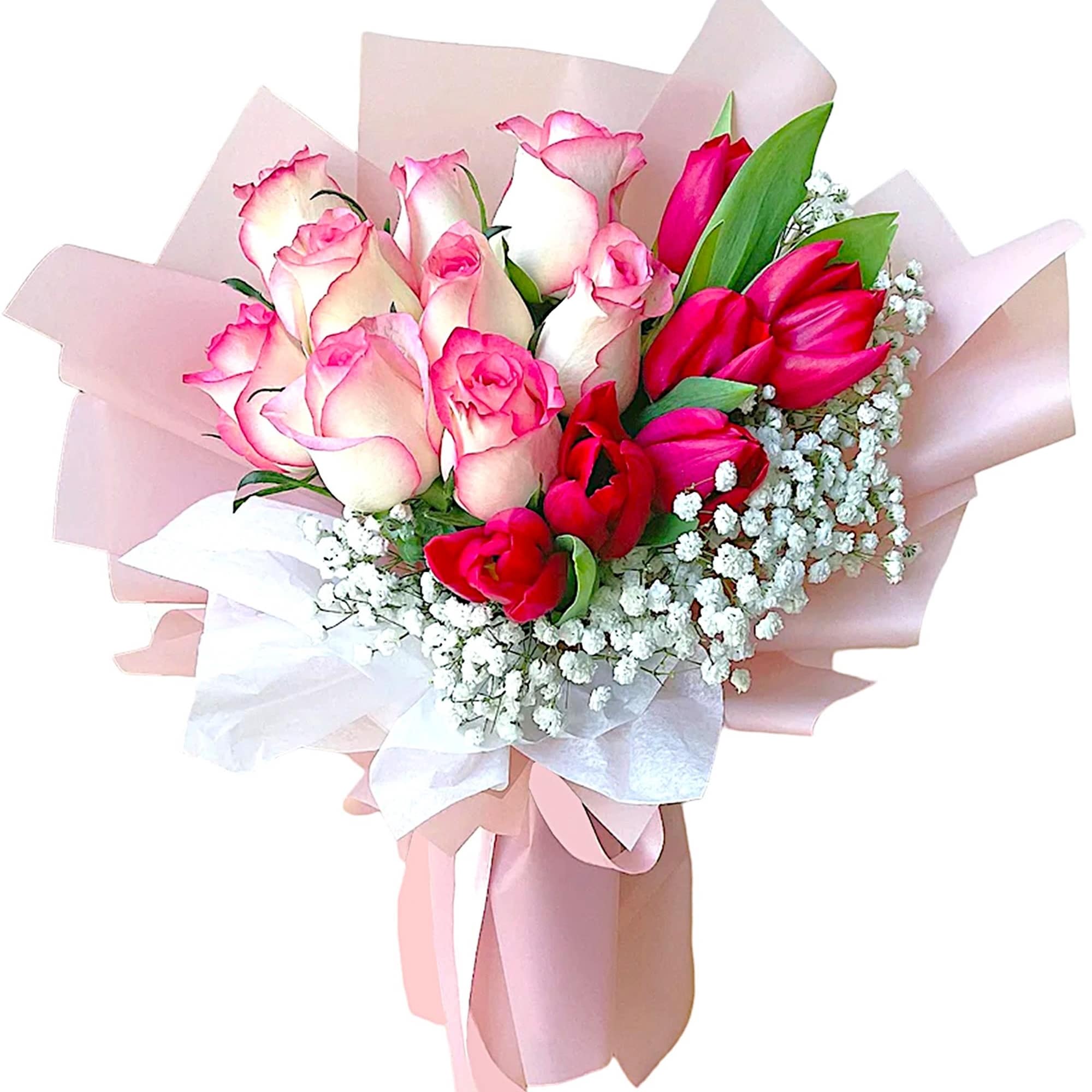 Bouquet of pink and red roses wrapped in pale pink paper