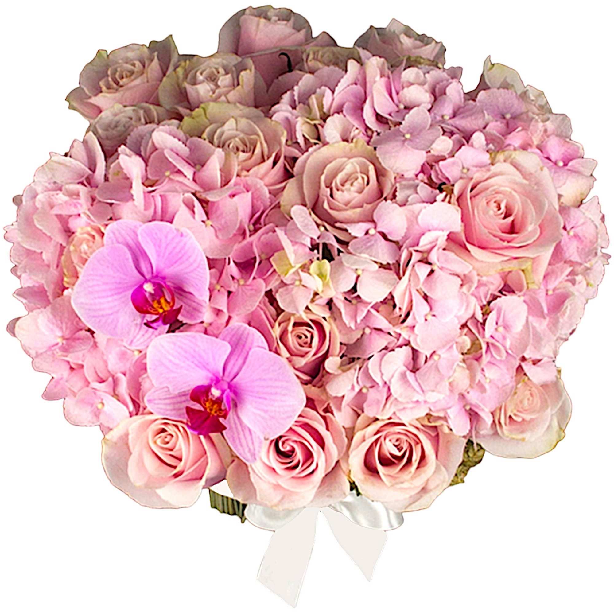 Pink roses and hydrangeas with two orchid blooms in a round bouquet